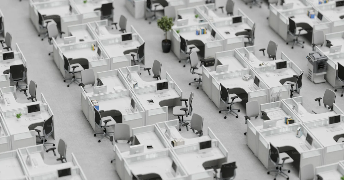 Cubicles Back View Interior of an empty modern office cubicles from high angle view with ...