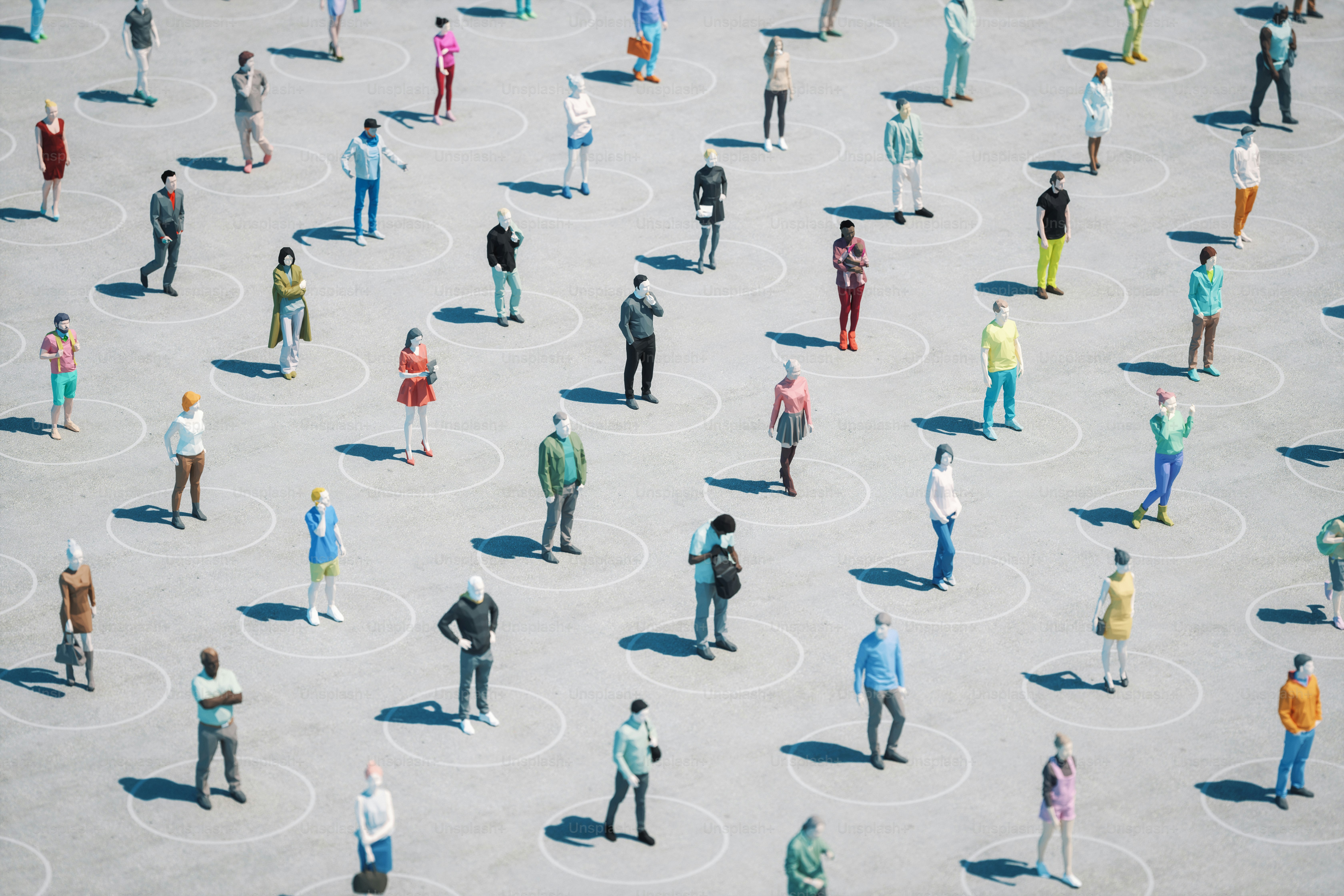 3d low-poly people keeping distance at street.