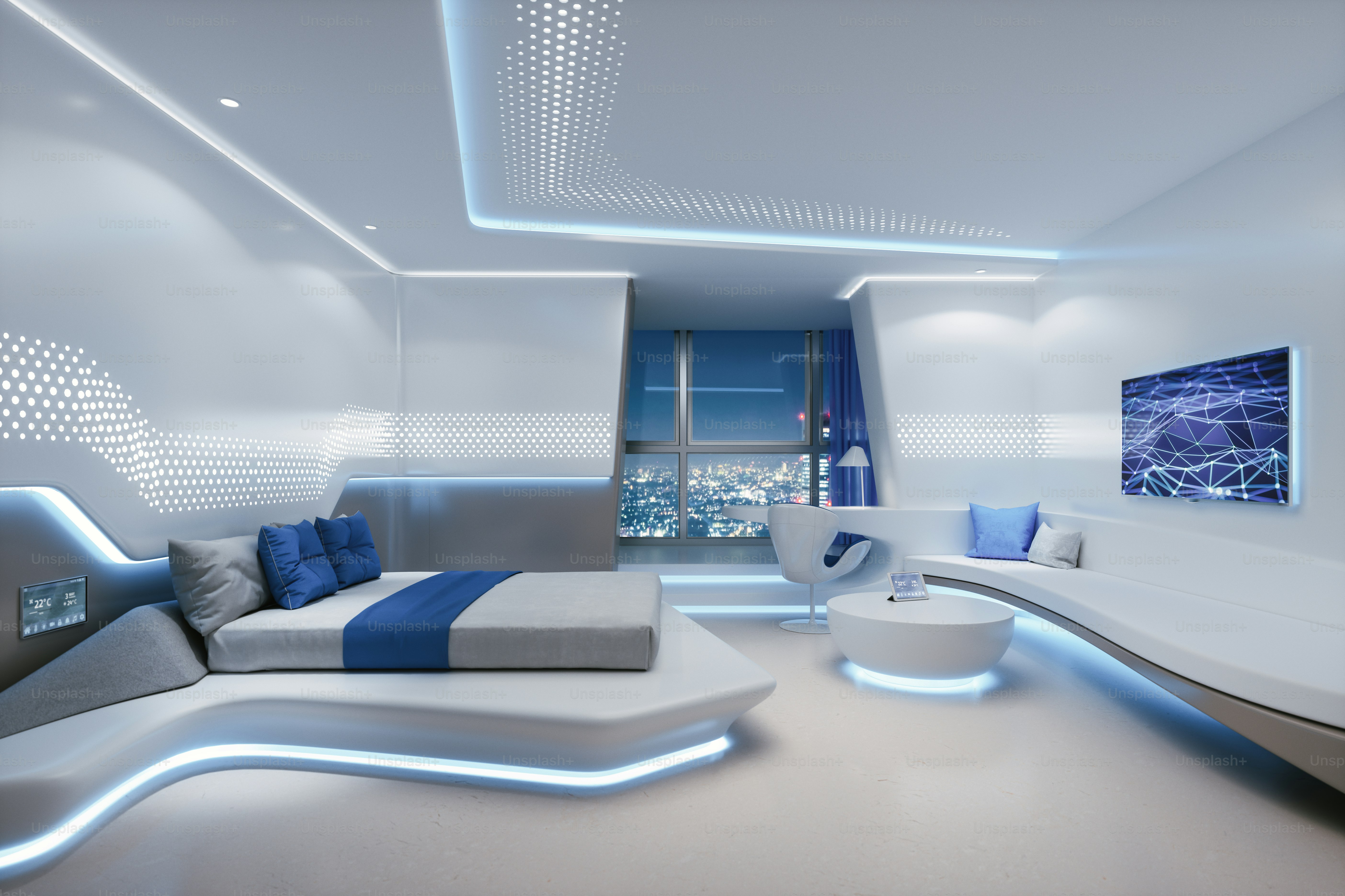 Futuristic hotel room with night city view and smart control equipments.