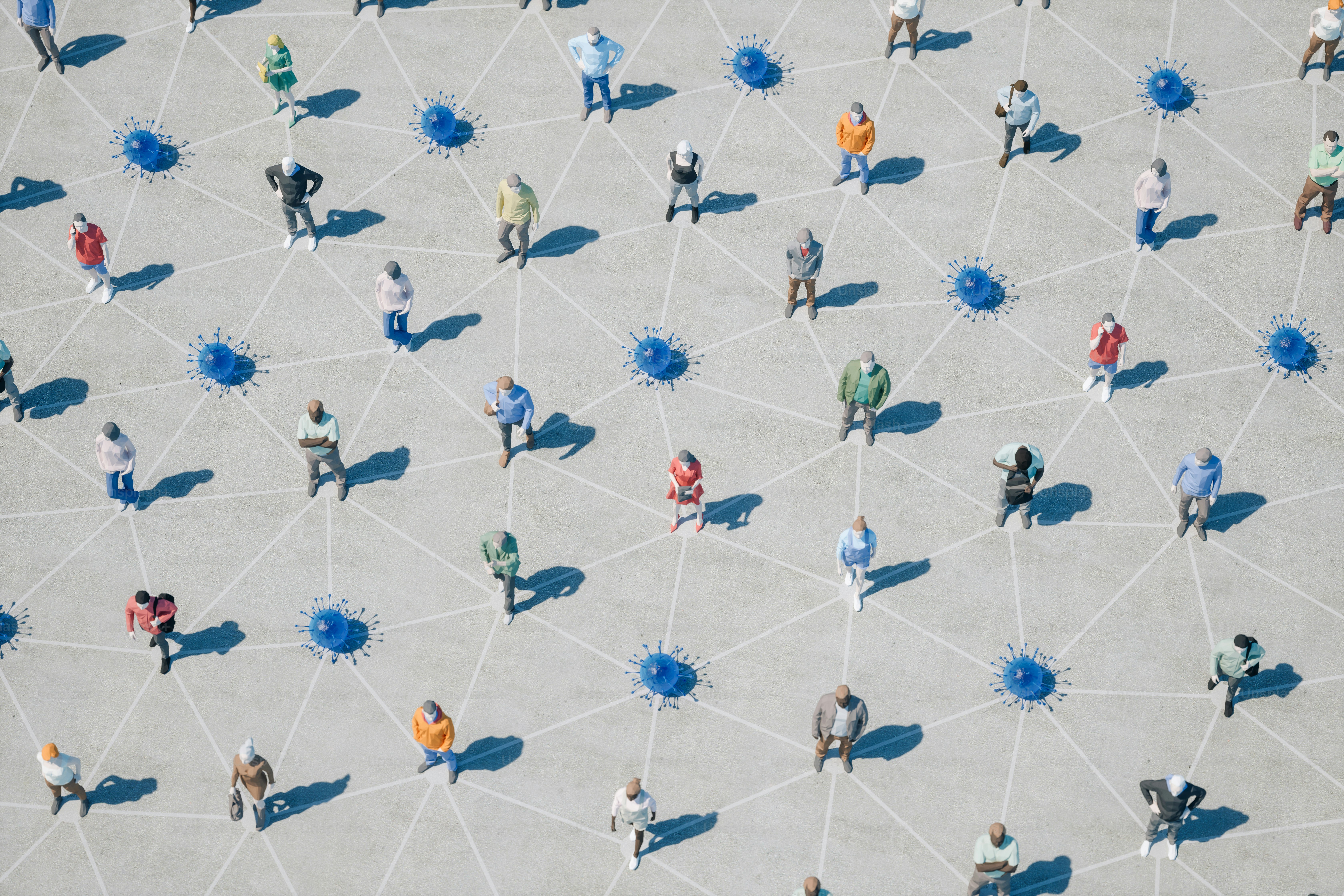 Virus and 3d low-poly people at street.