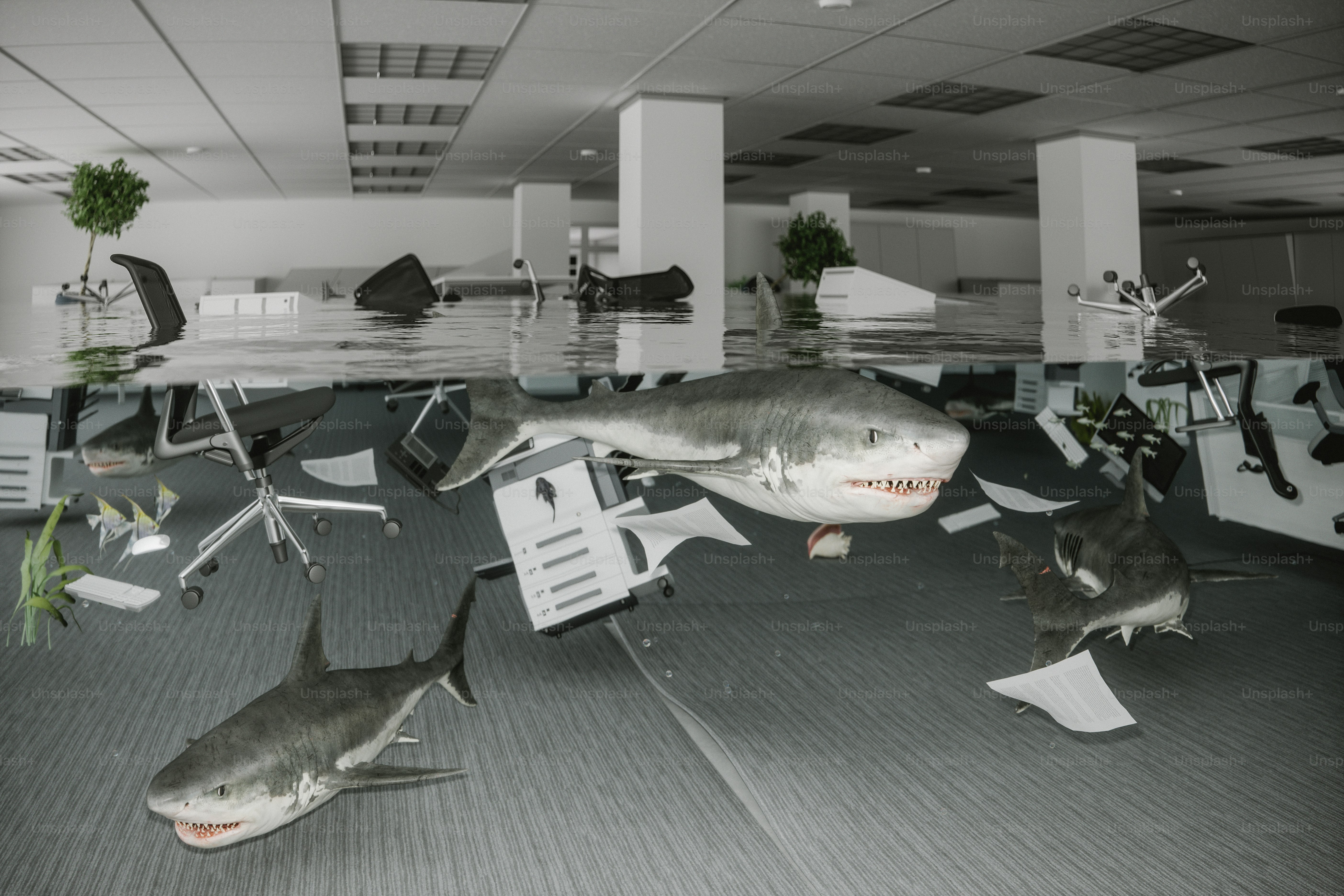 Bureau moderne sous-marin avec des requins et des poissons.