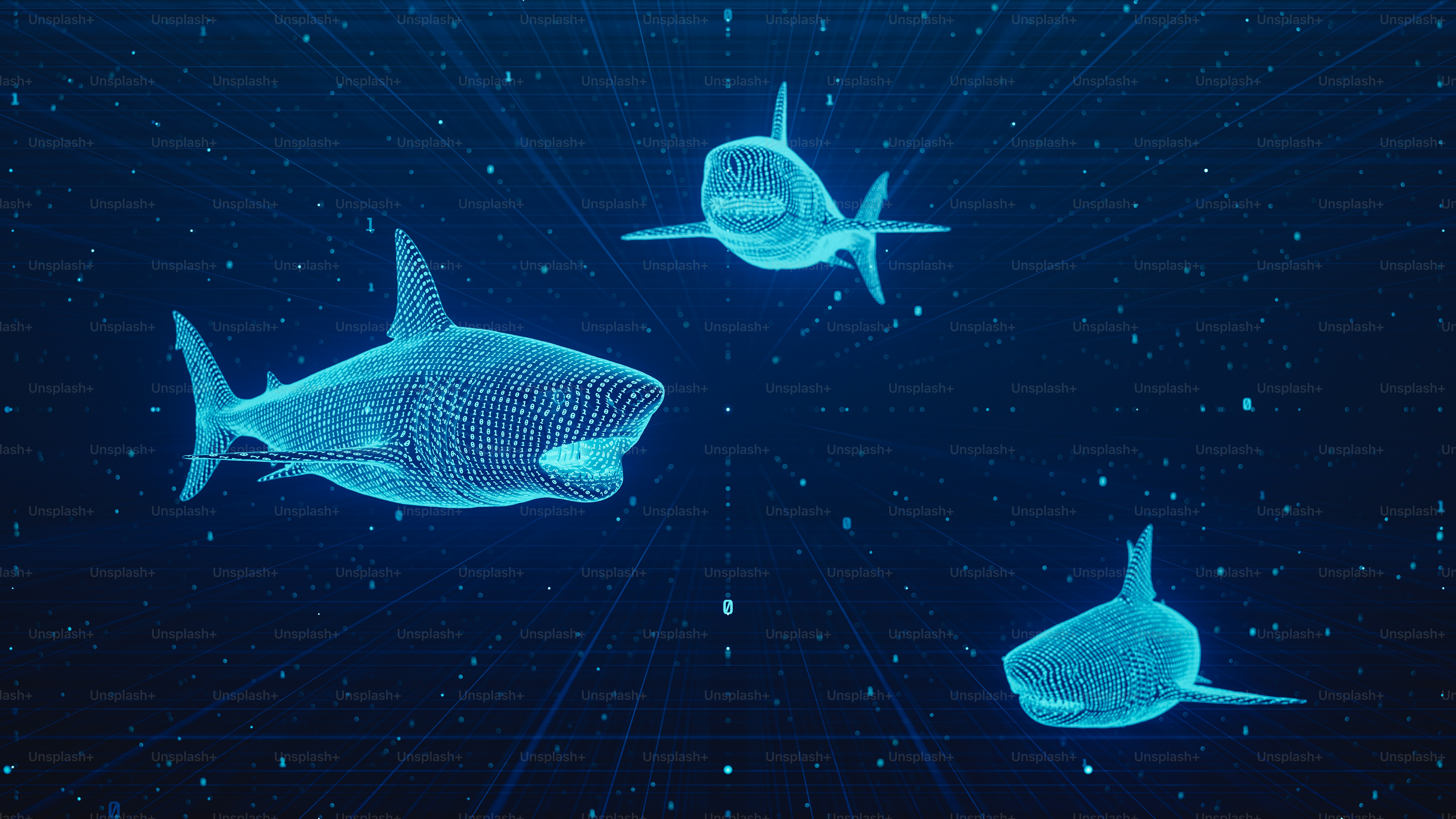 Gambar konseptual yang dihasilkan secara digital dari hiu bertekstur biner 3d di ruang web gelap virtual.