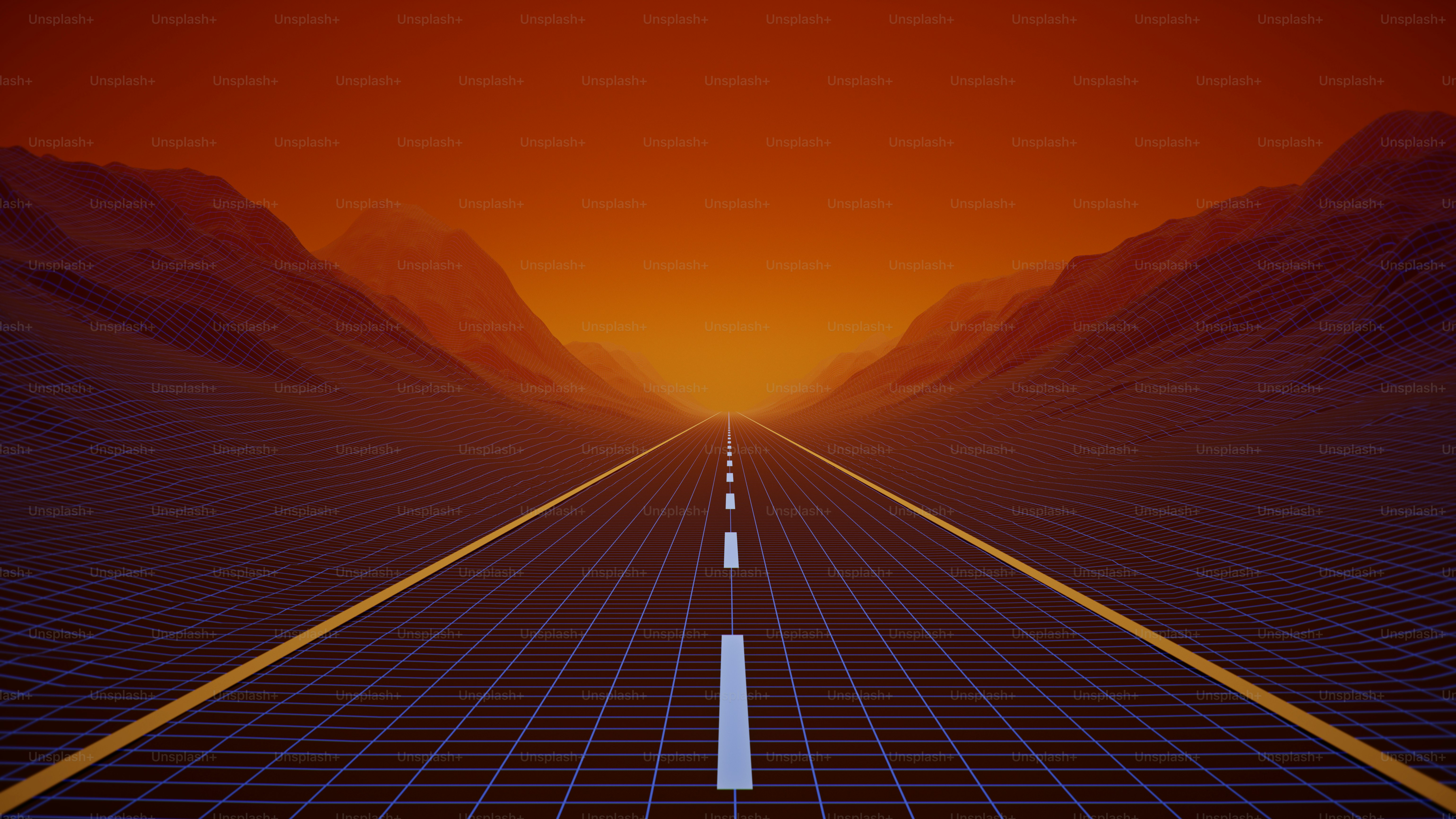 Abstract retro futuristic landscape and road background.