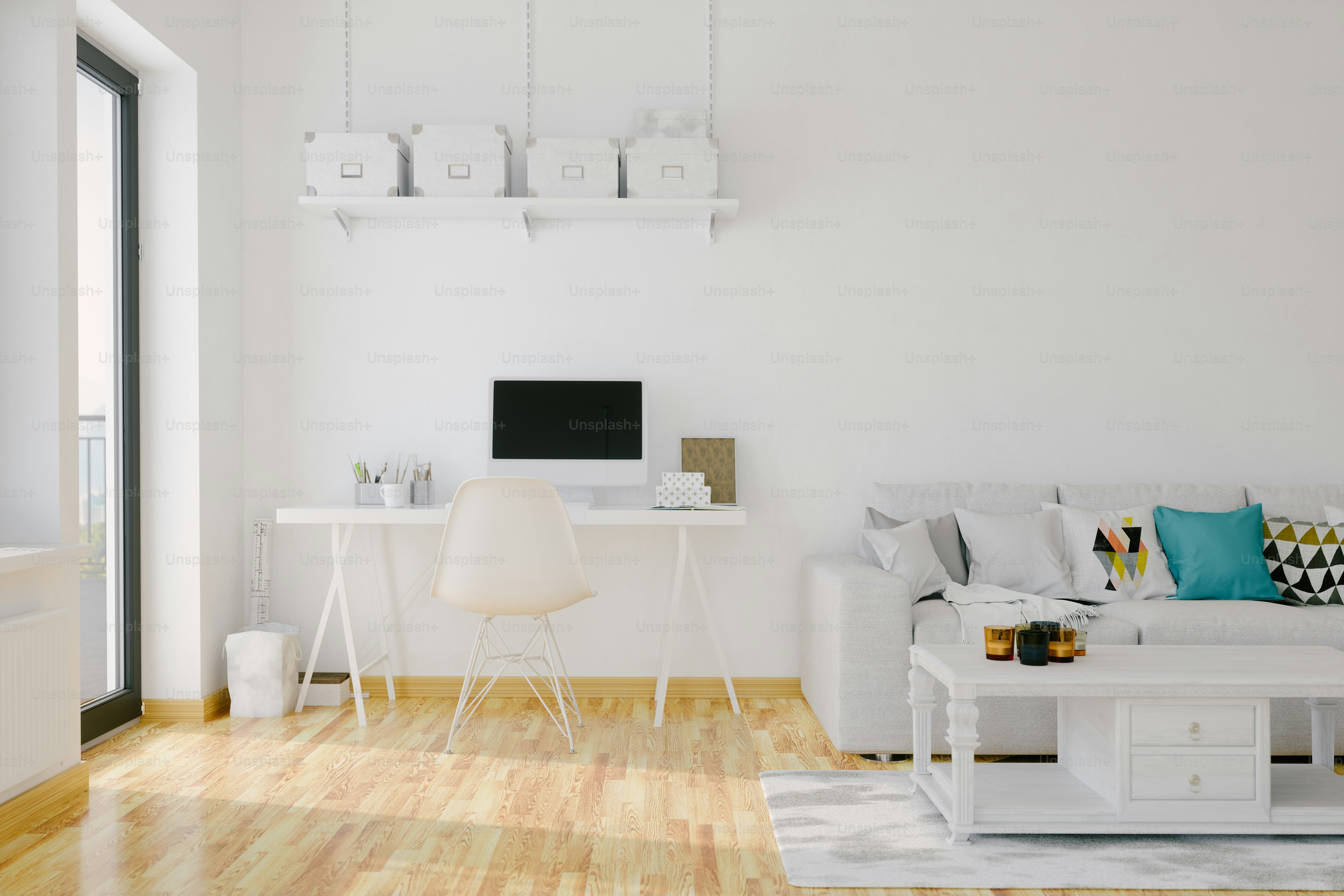 Interior of a modern living room with sofa, coffee table and desk.