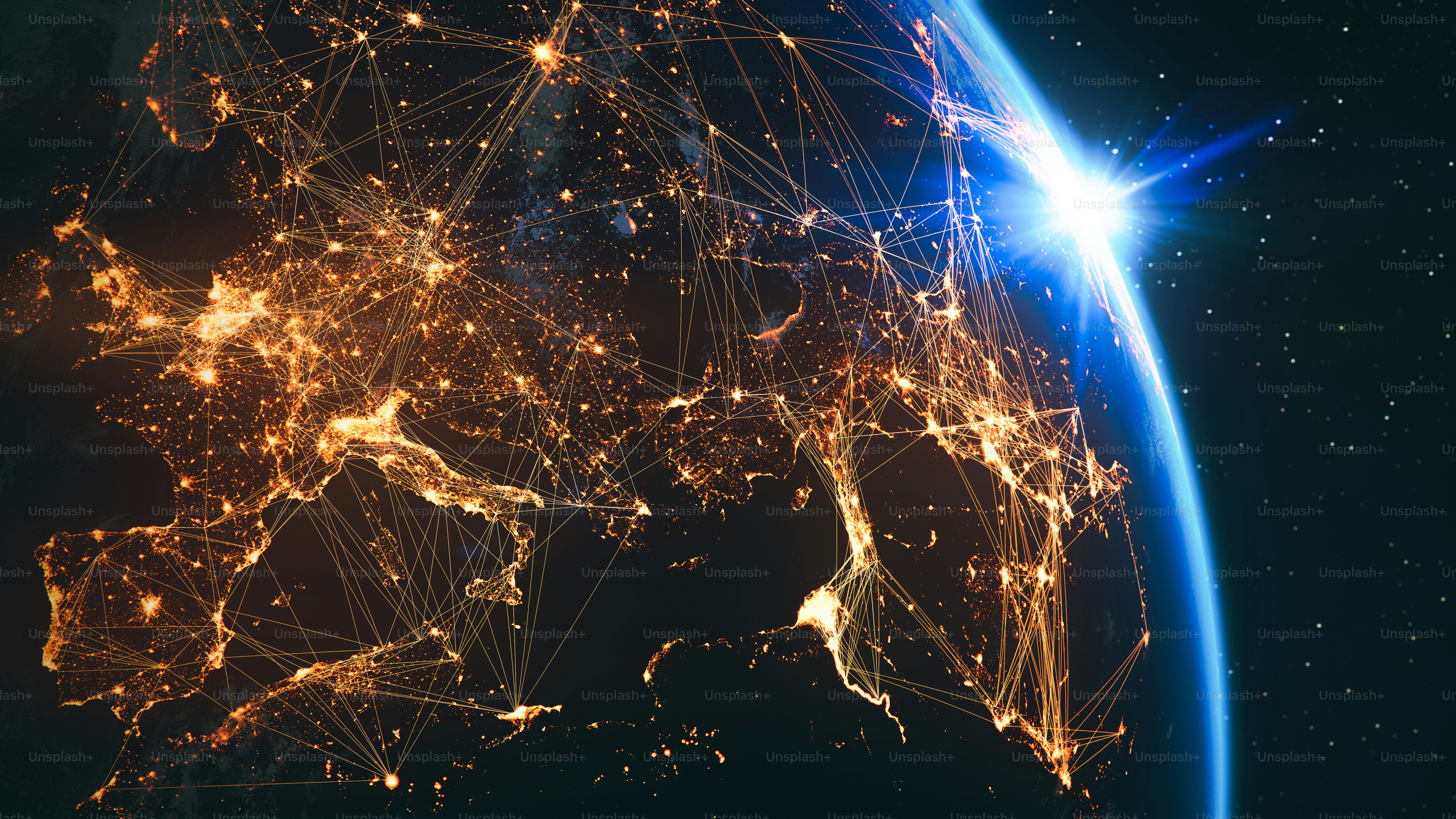 Earth view from space at night with lights and connections from cities ...