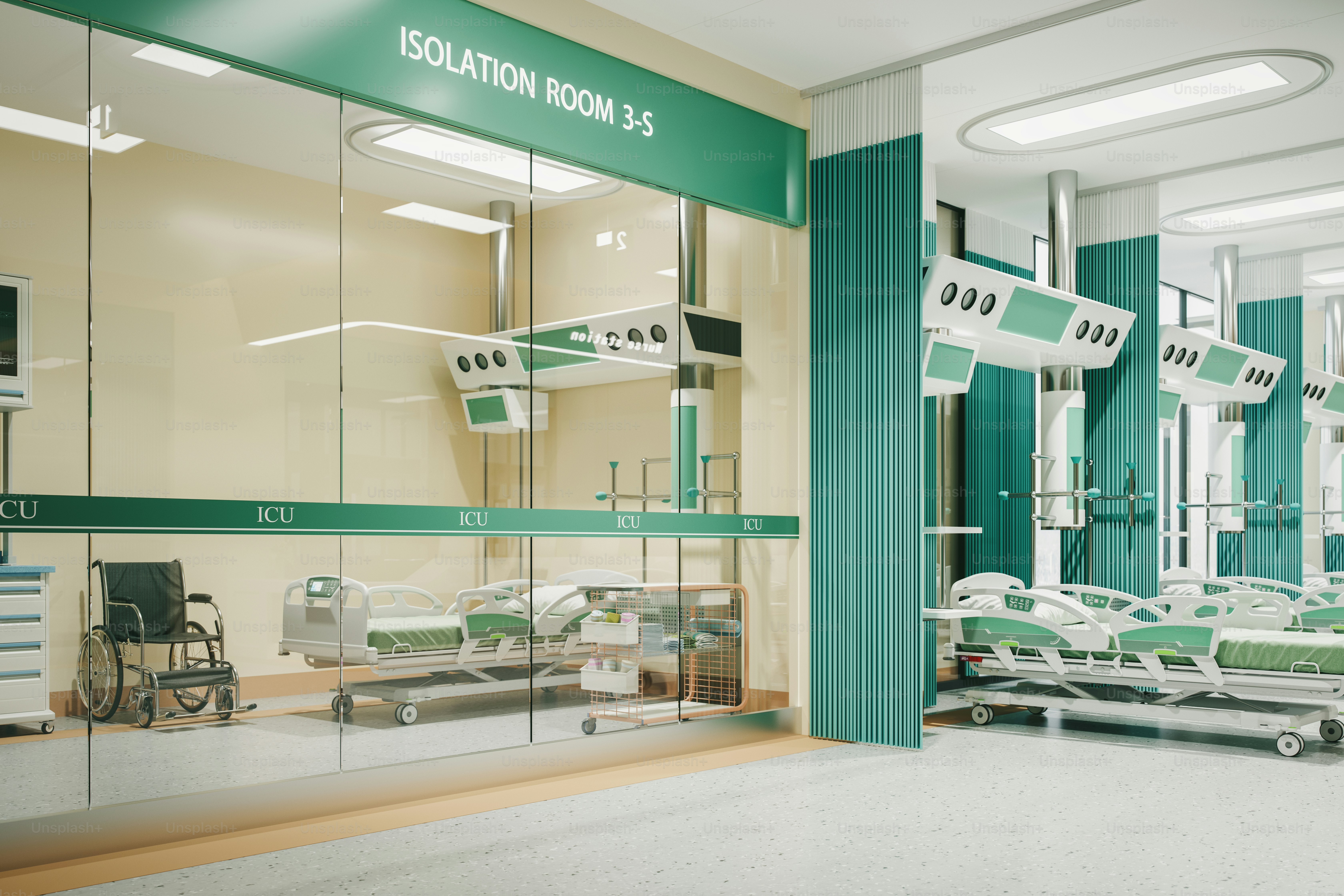 Interior of an empty intensive care unit.