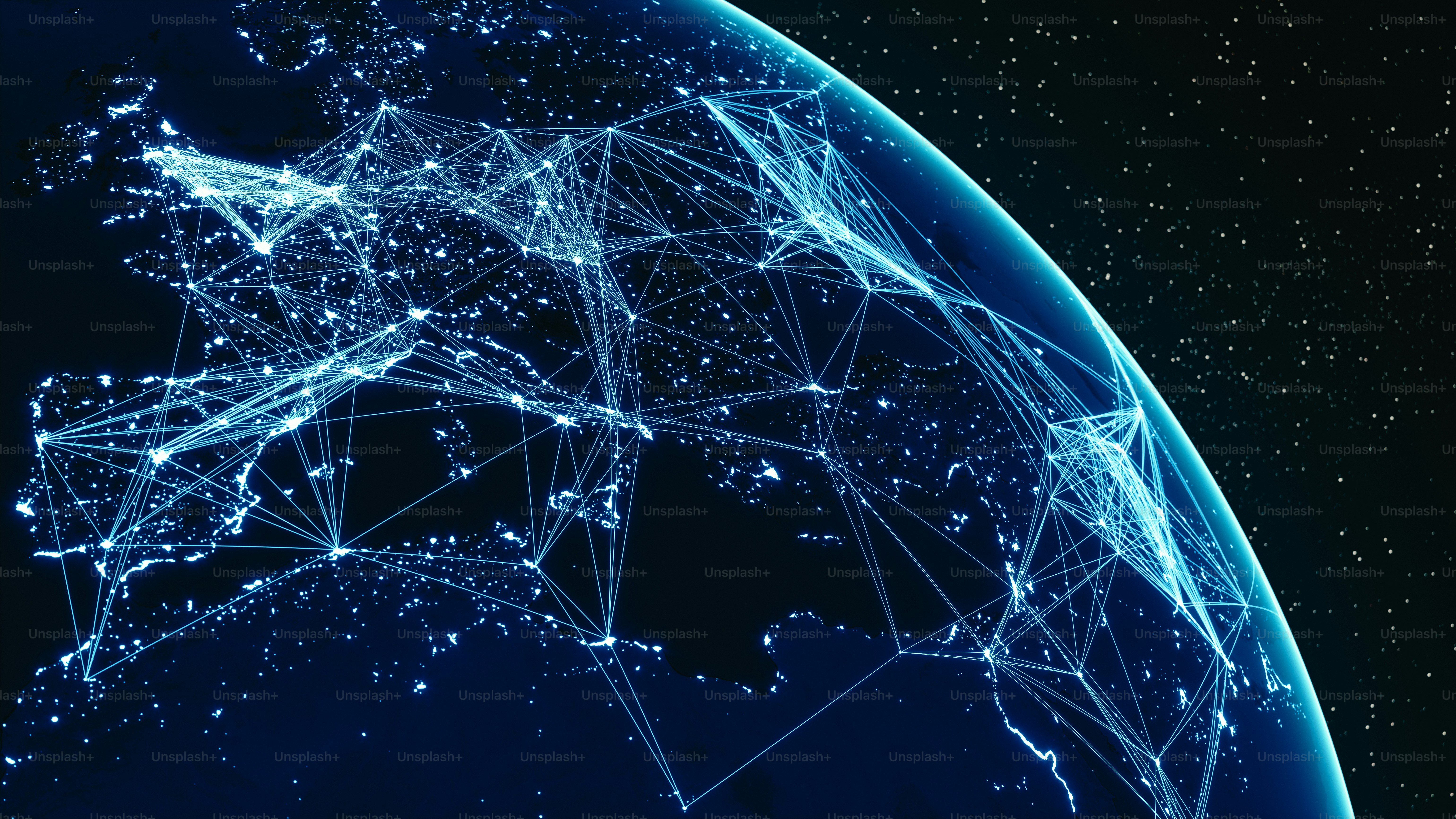 Abstract Earth view from space with connections from major cities.(World Map Courtesy of NASA: https://visibleearth.nasa.gov/view.php?id=55167)