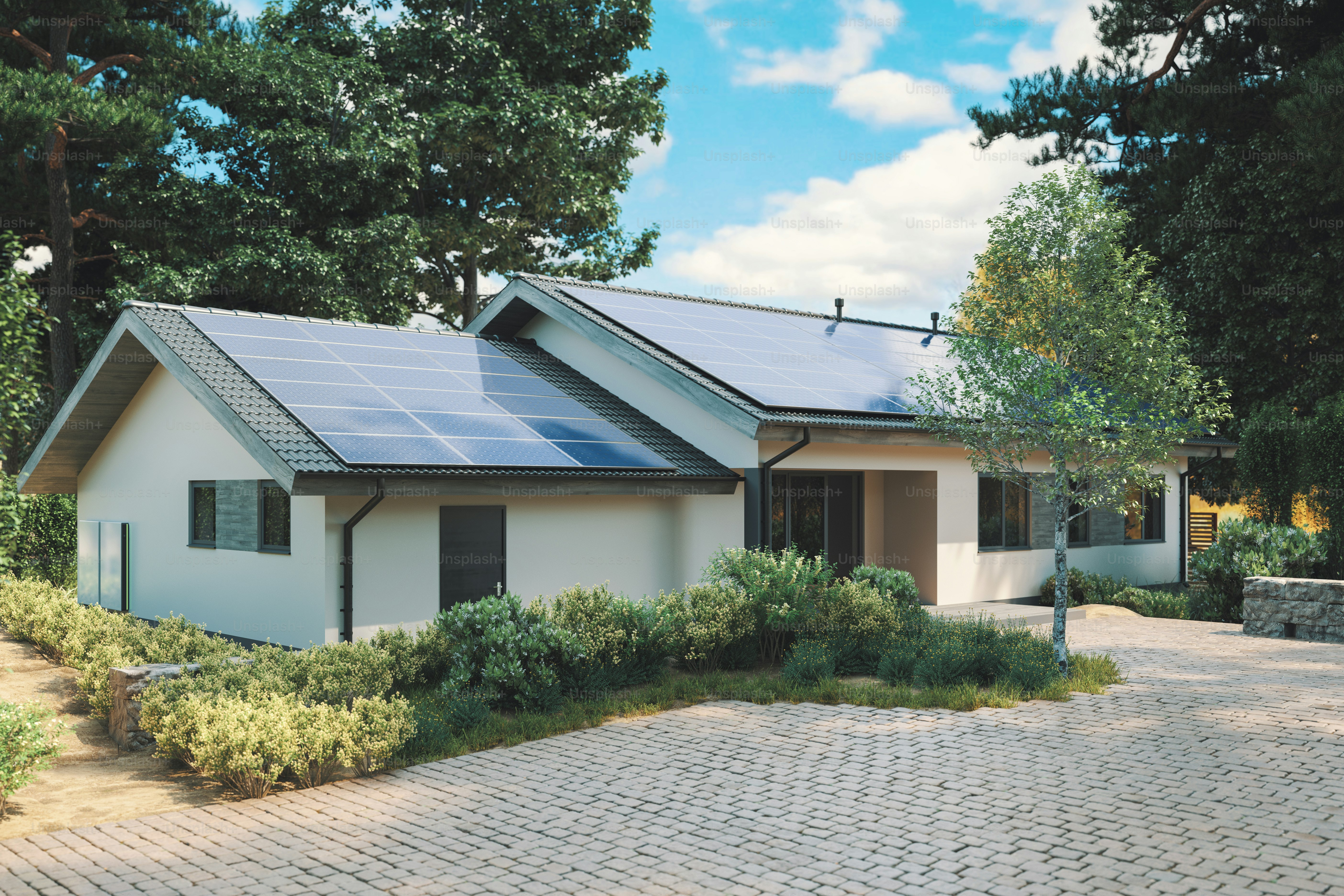 Modern single storey house with solar panels and wall battery for ...