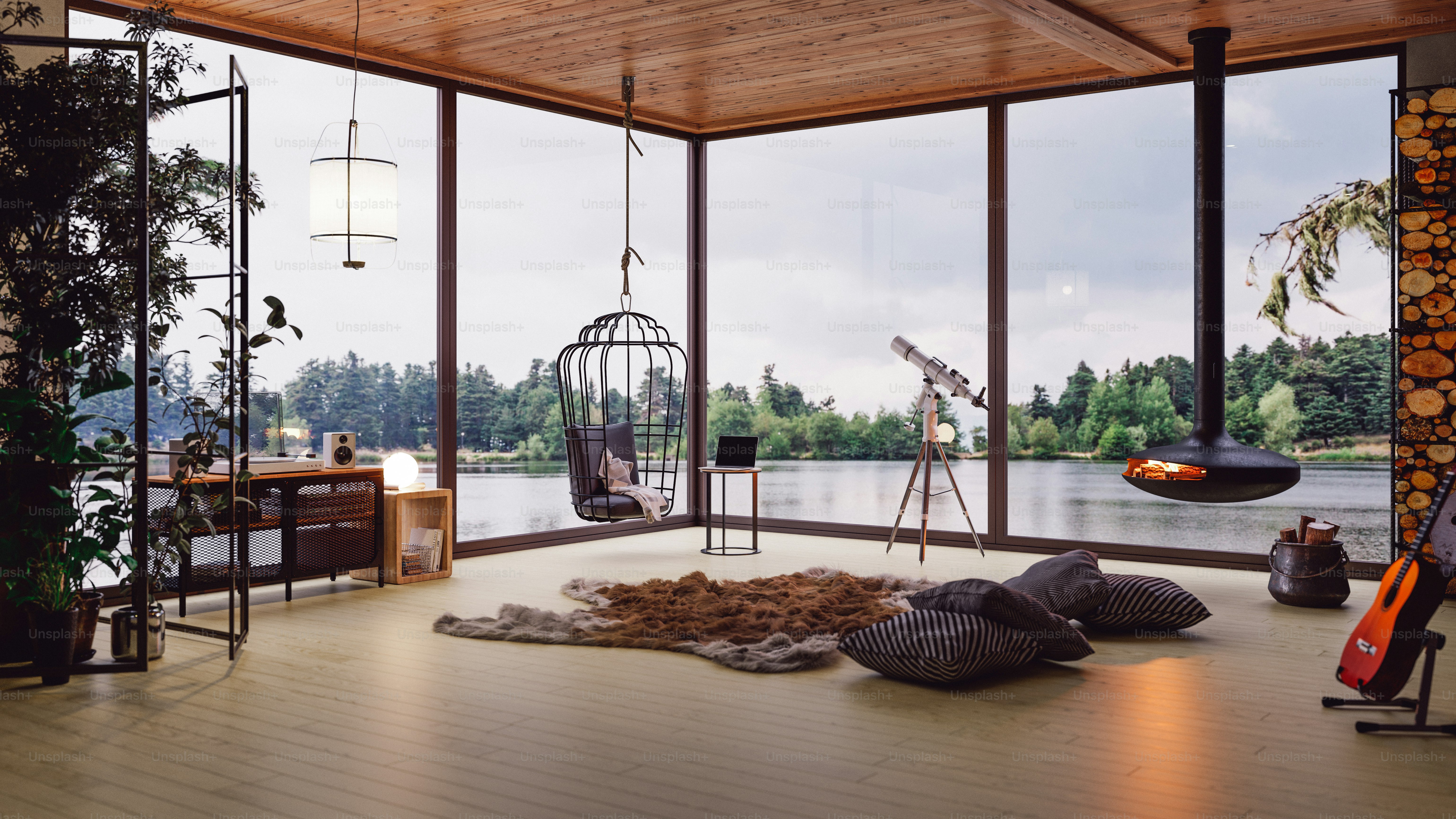 Interior of a modern cozy lake house with fireplace and indoor plants ...