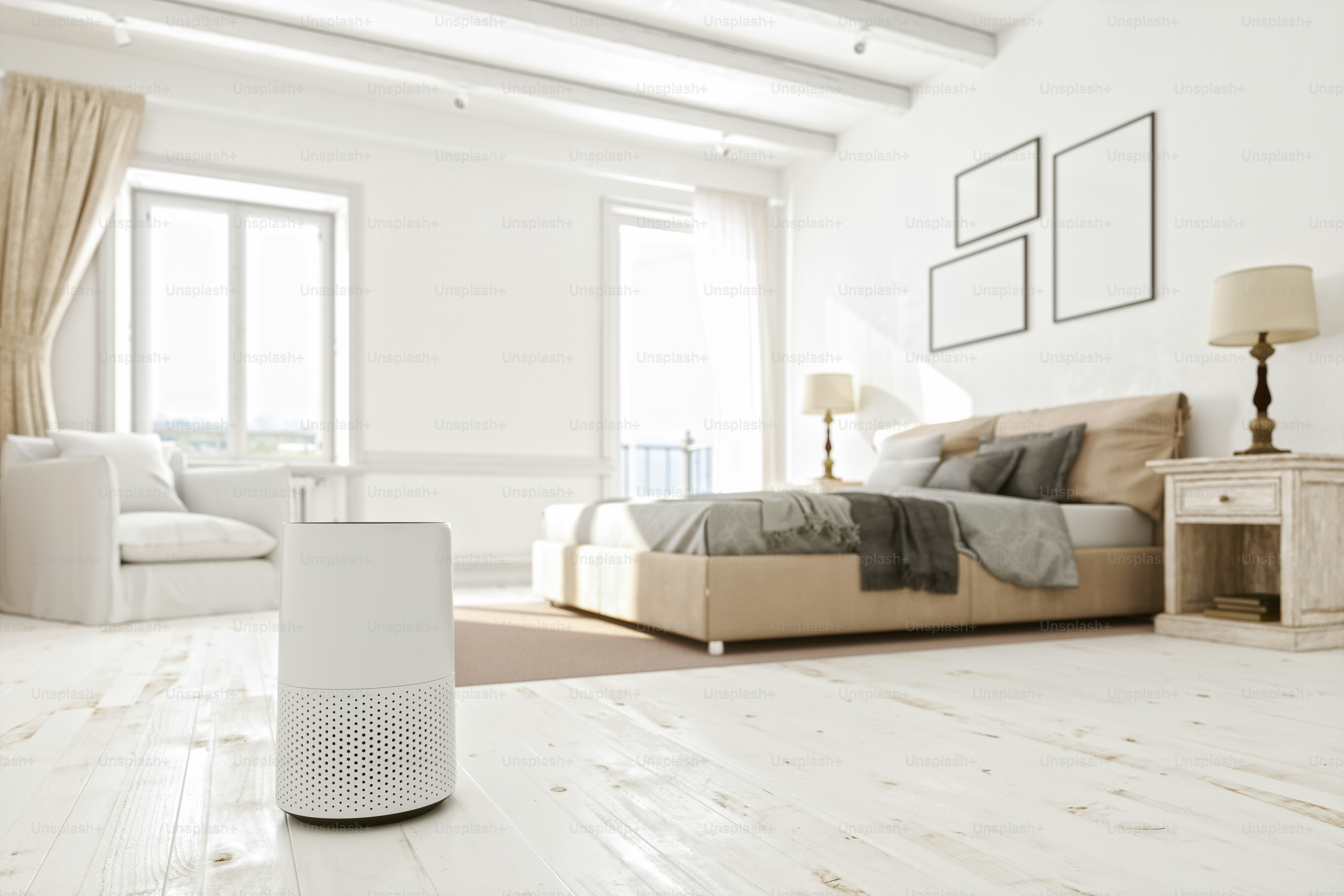 Close-up of an indoor air purifier in the modern bedroom.