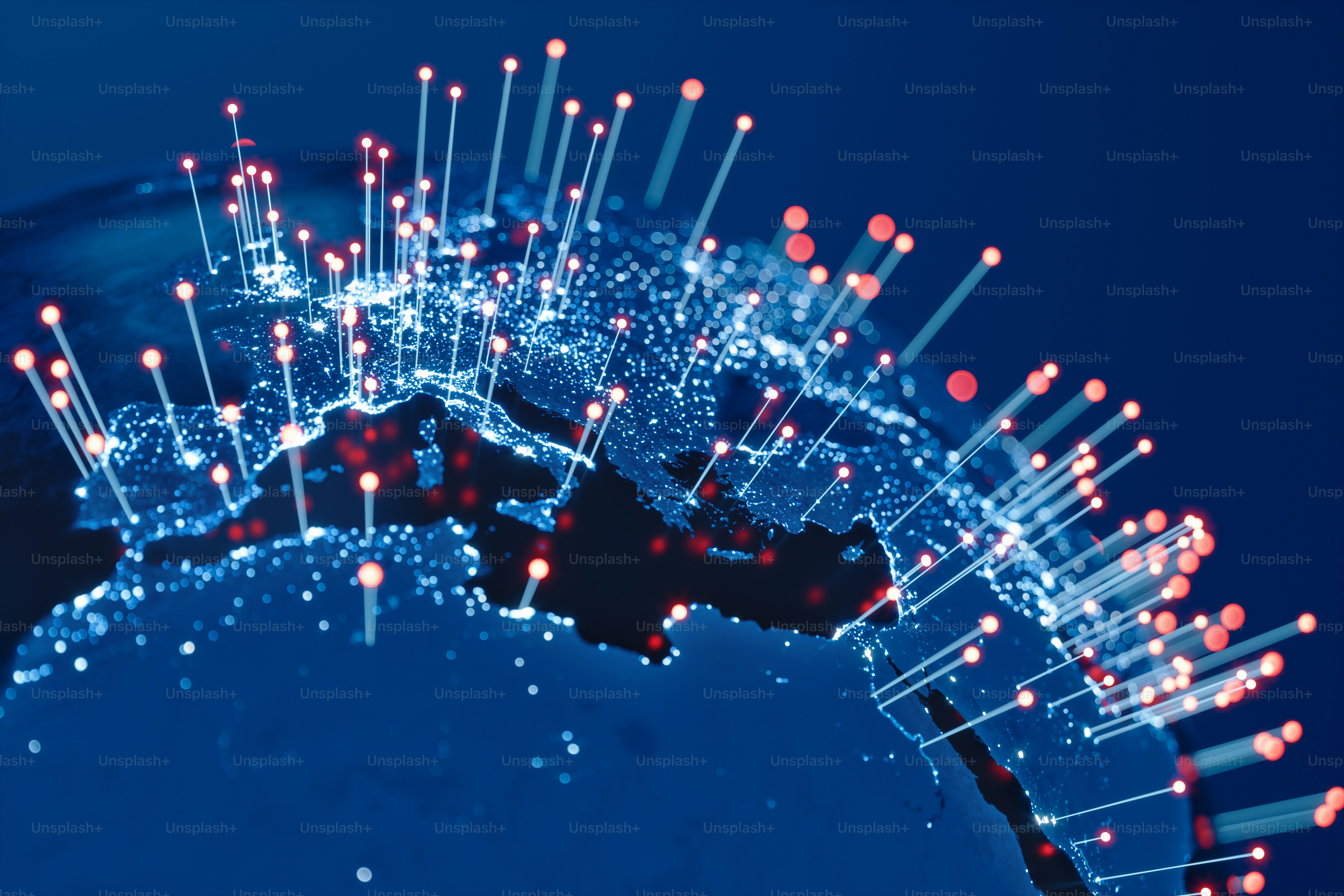 Abstract Earth view from space with fiber optic cables rising from major cities.(World Map Courtesy of NASA: https://visibleearth.nasa.gov/view.php?id=55167)