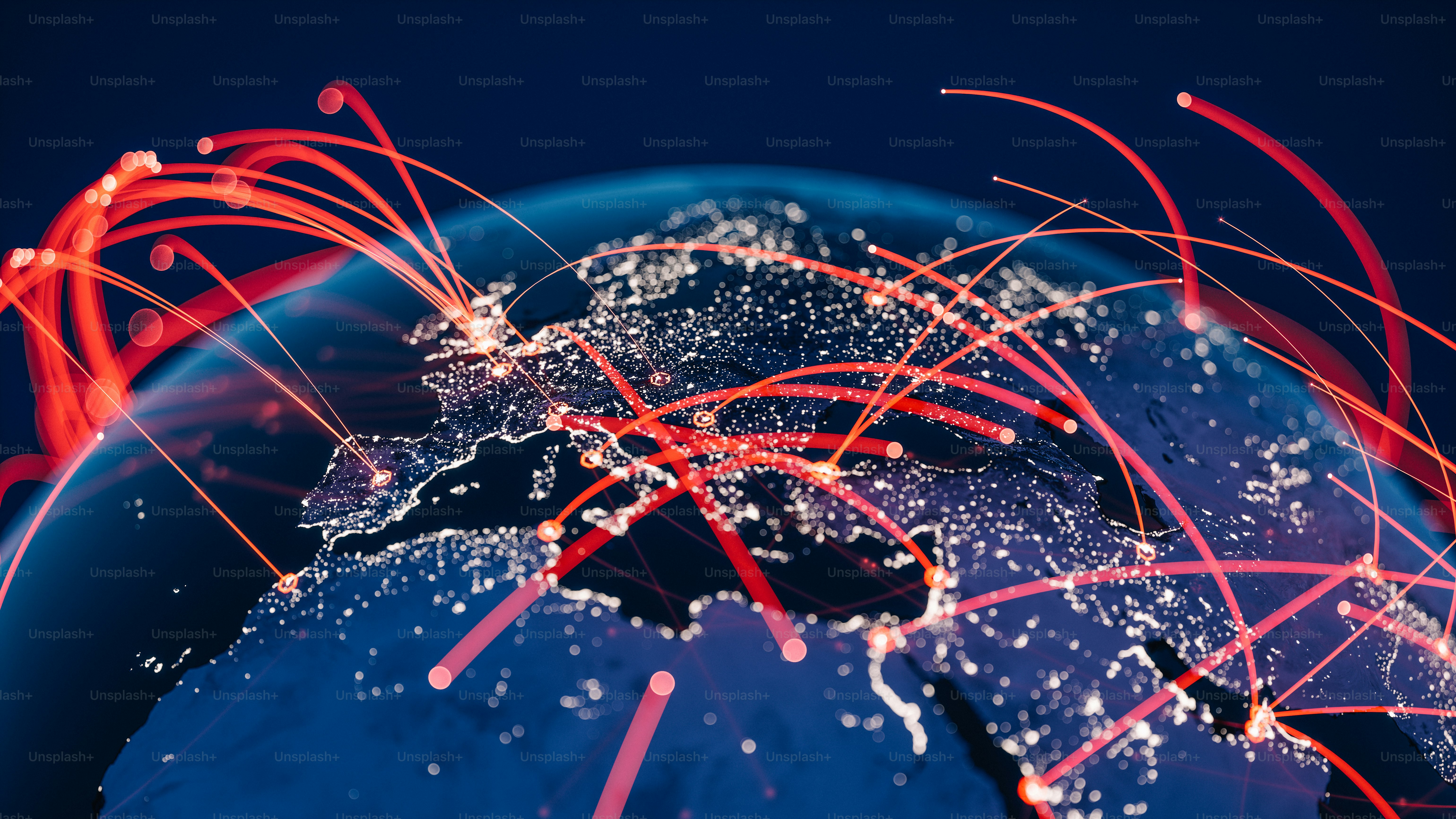 Blue Globe viewing from space at night with connections between cities.(World Map Courtesy of NASA: https://visibleearth.nasa.gov/view.php?id=55167)