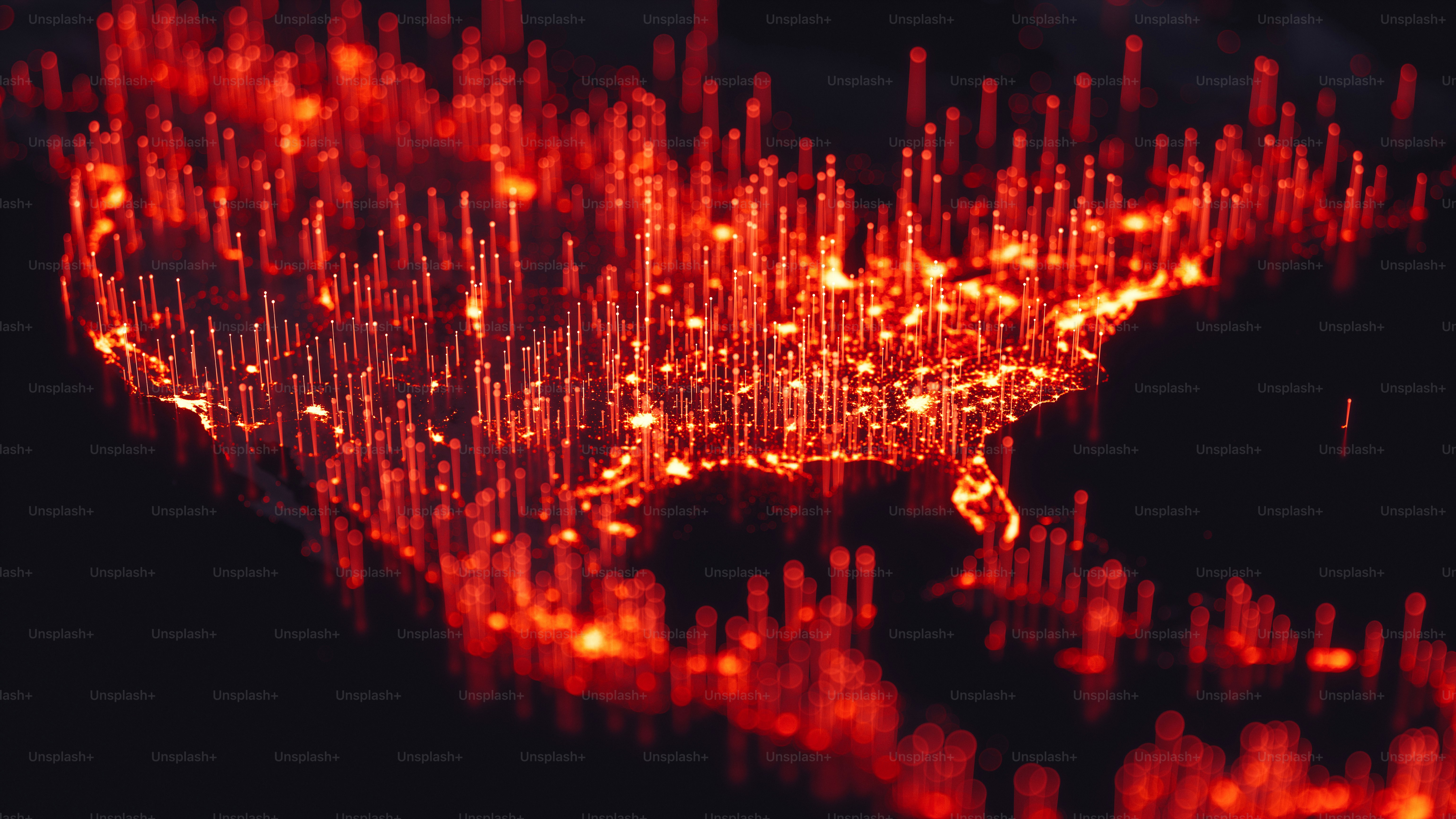 Abstract North America view from space with red fiber optic cables rising from major cities.(World Map Courtesy of NASA: https://visibleearth.nasa.gov/view.php?id=55167)