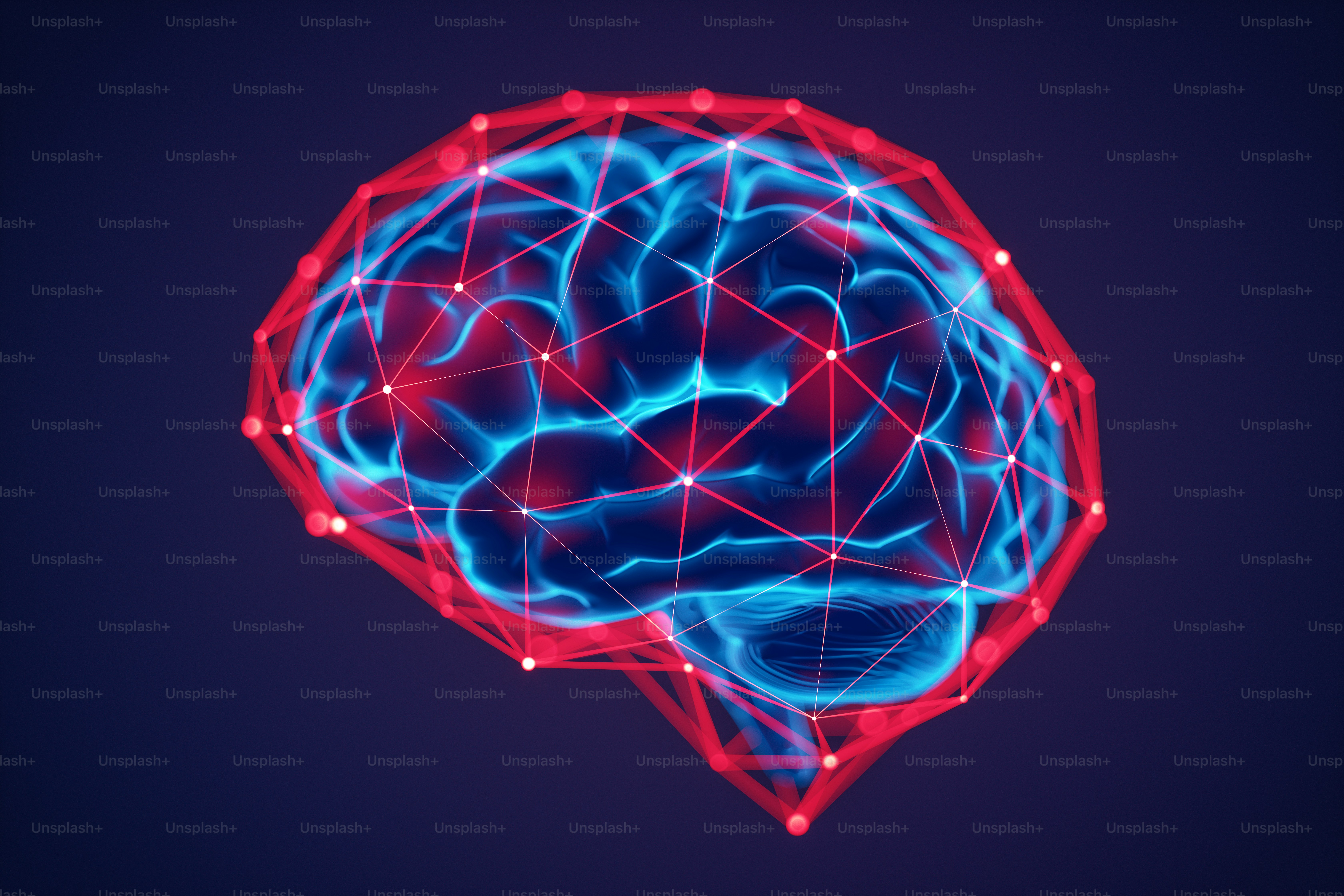 Digital human brain with red connections on dark blue background ...