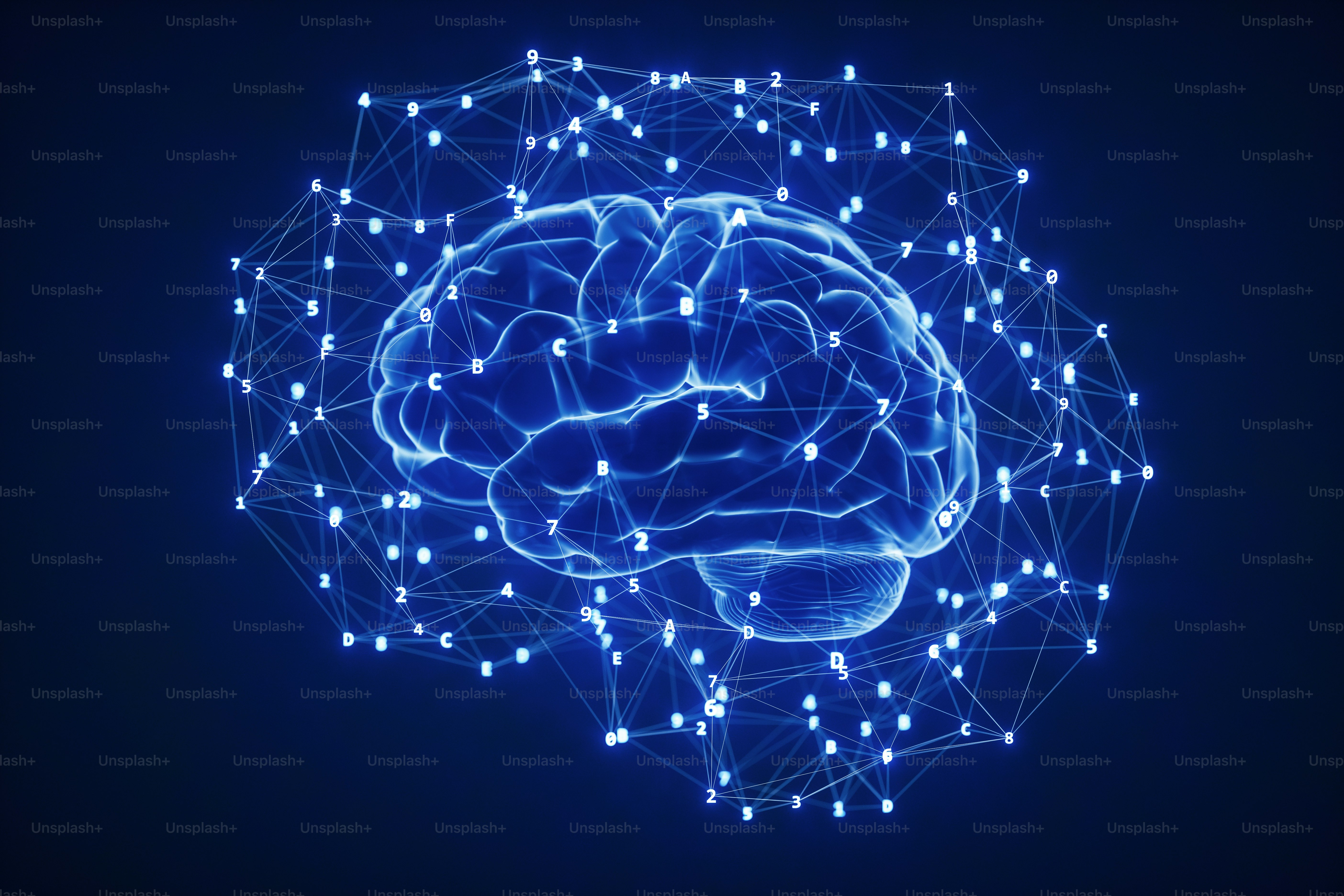 Human brain with connected hex decimal characters