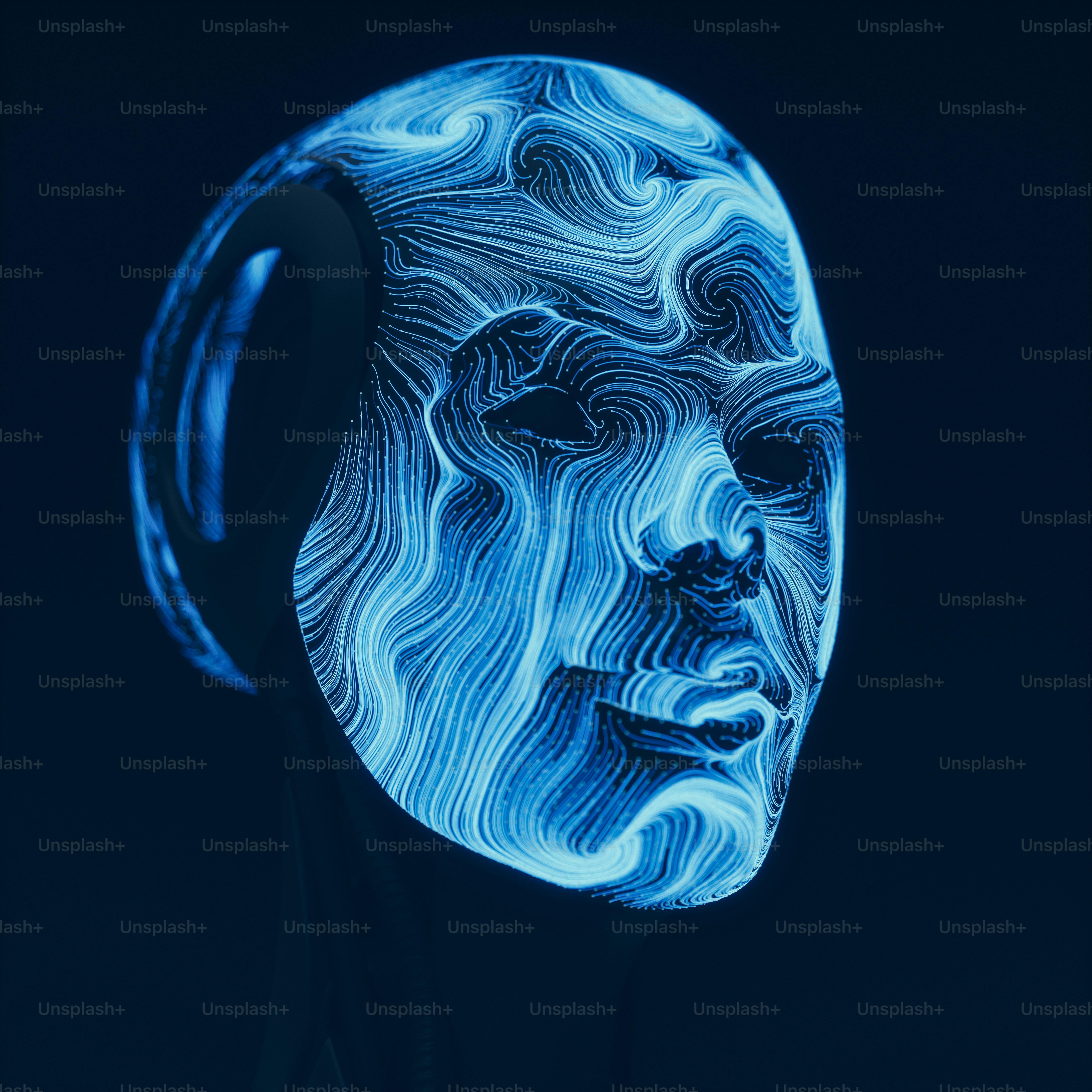 Robot head with abstract curves.