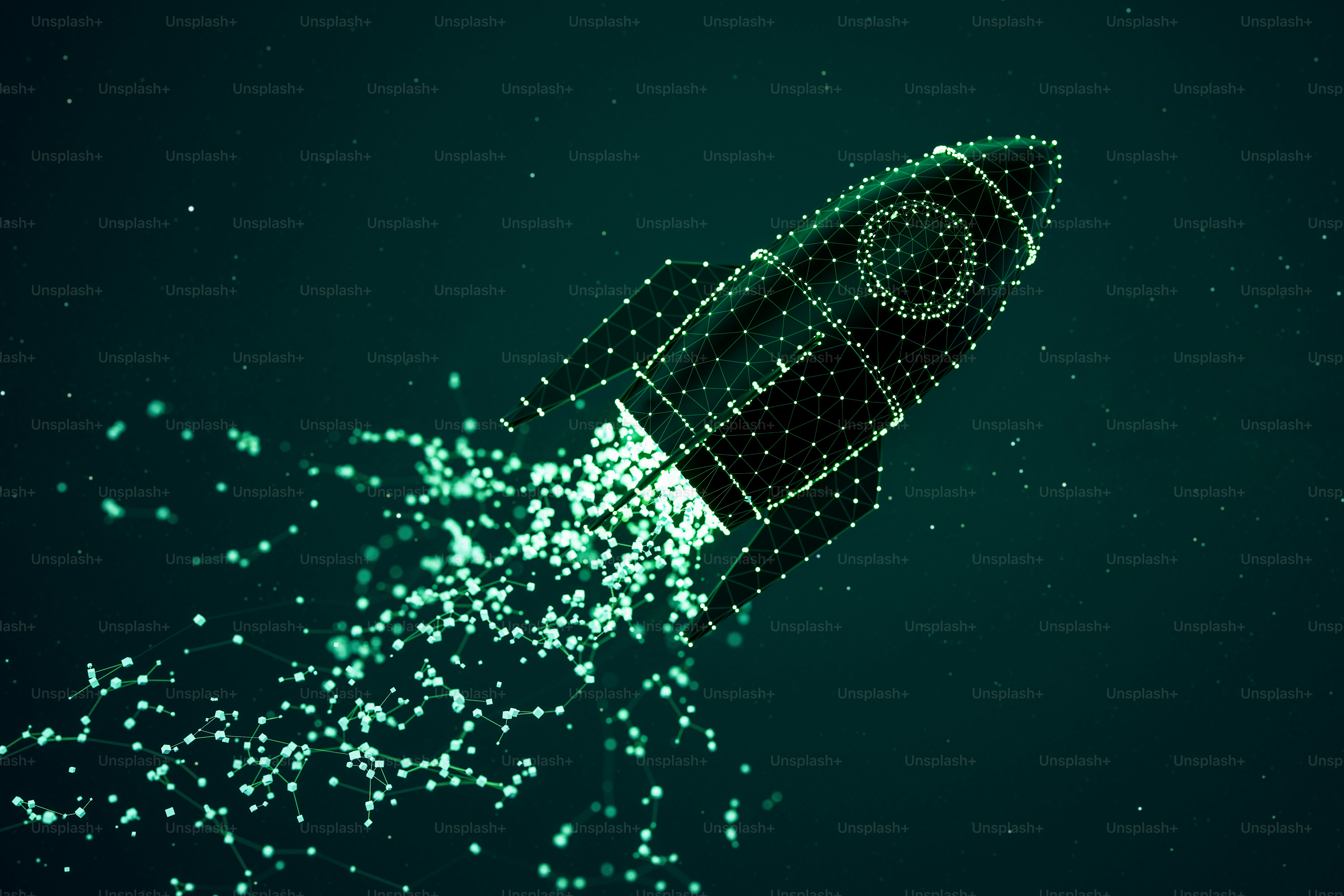 Abstract 3d rocket launch signifies the initiation and progress of startups, emerging cryptocurrencies, and new business establishments, representing the concept of growth and the potential of innovative ideas.