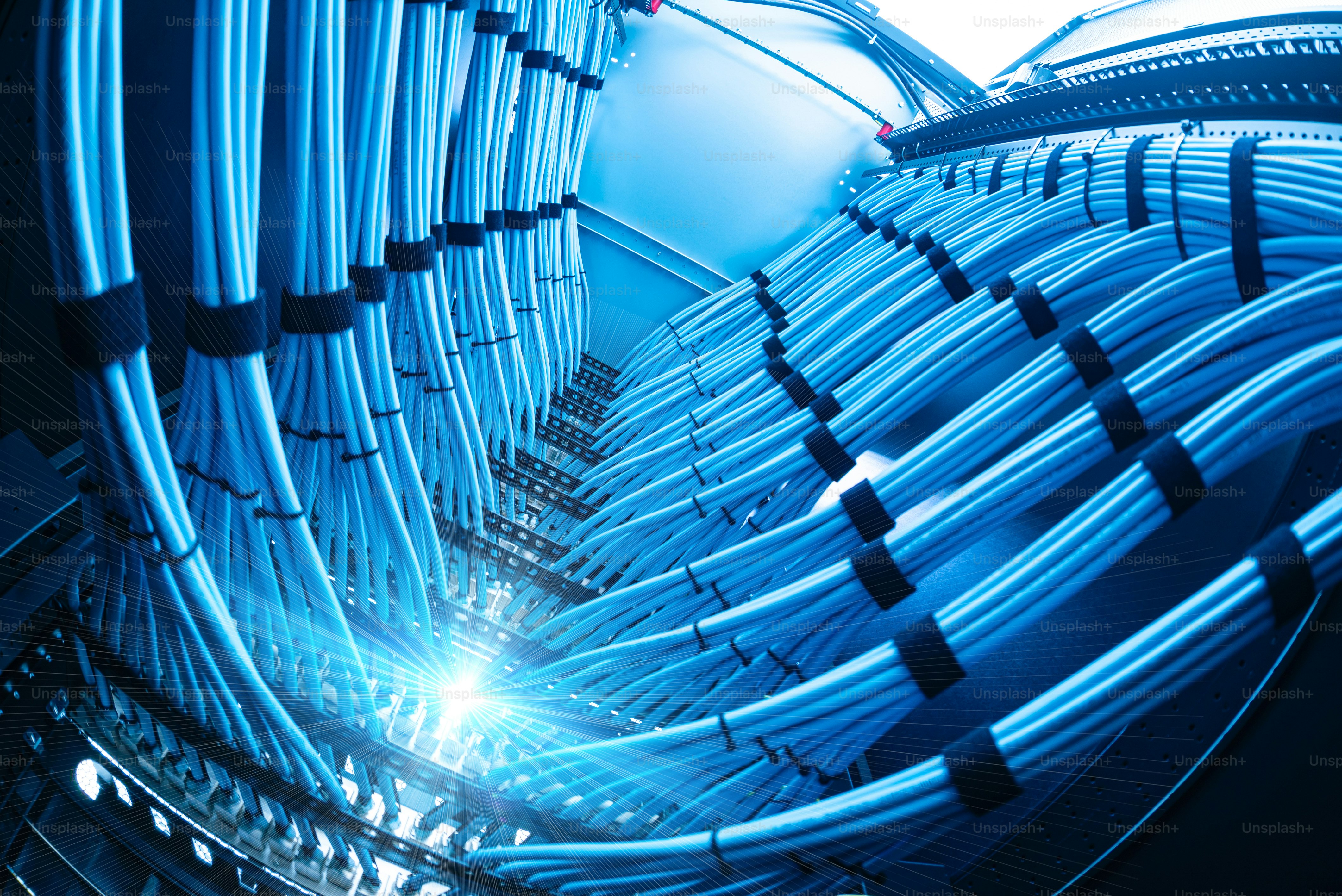 Close-up of neatly arranged blue network cables in a modern server room ...