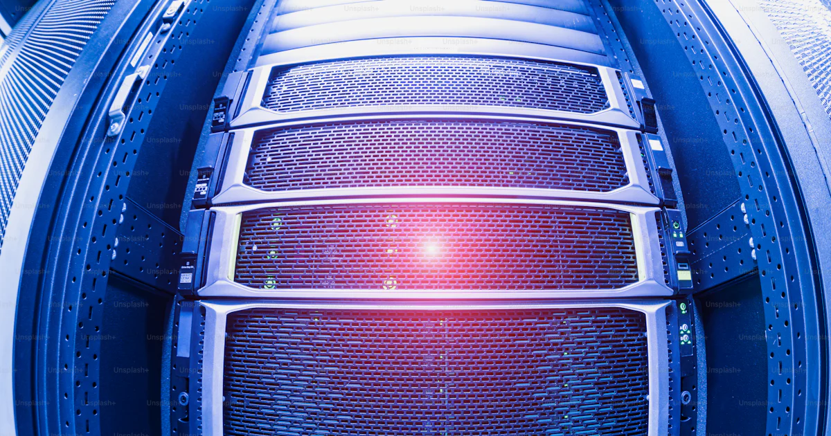This image showcases a close-up view of server racks in a modern data ...