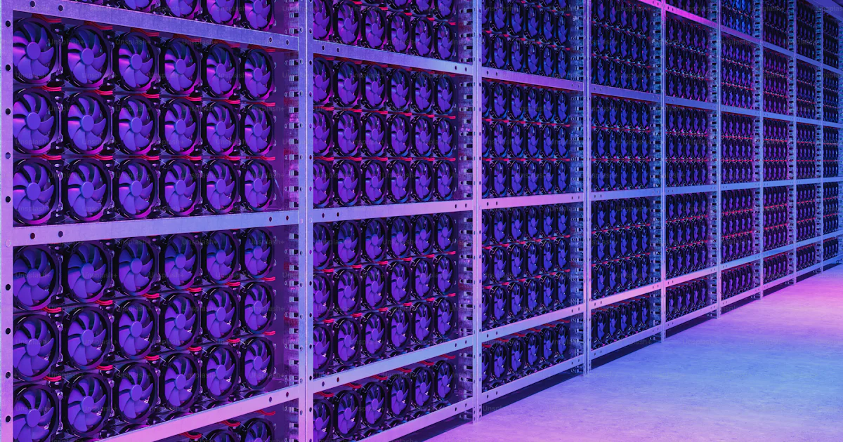 Mine Core Rack Mining Farm Interior. Racks Of CPU And Motherboard With Neon Lighting ...