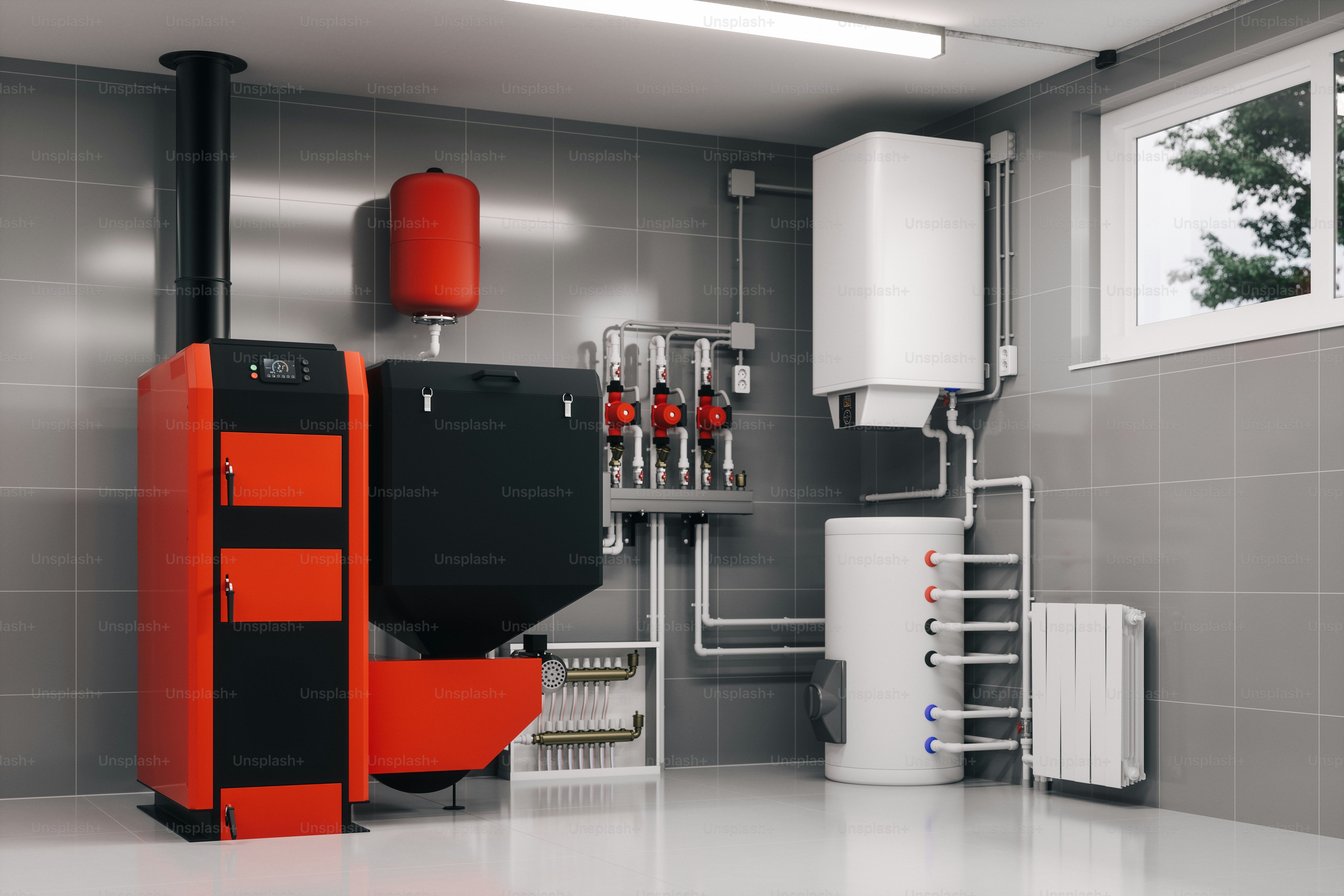 Boiler system in a basement.