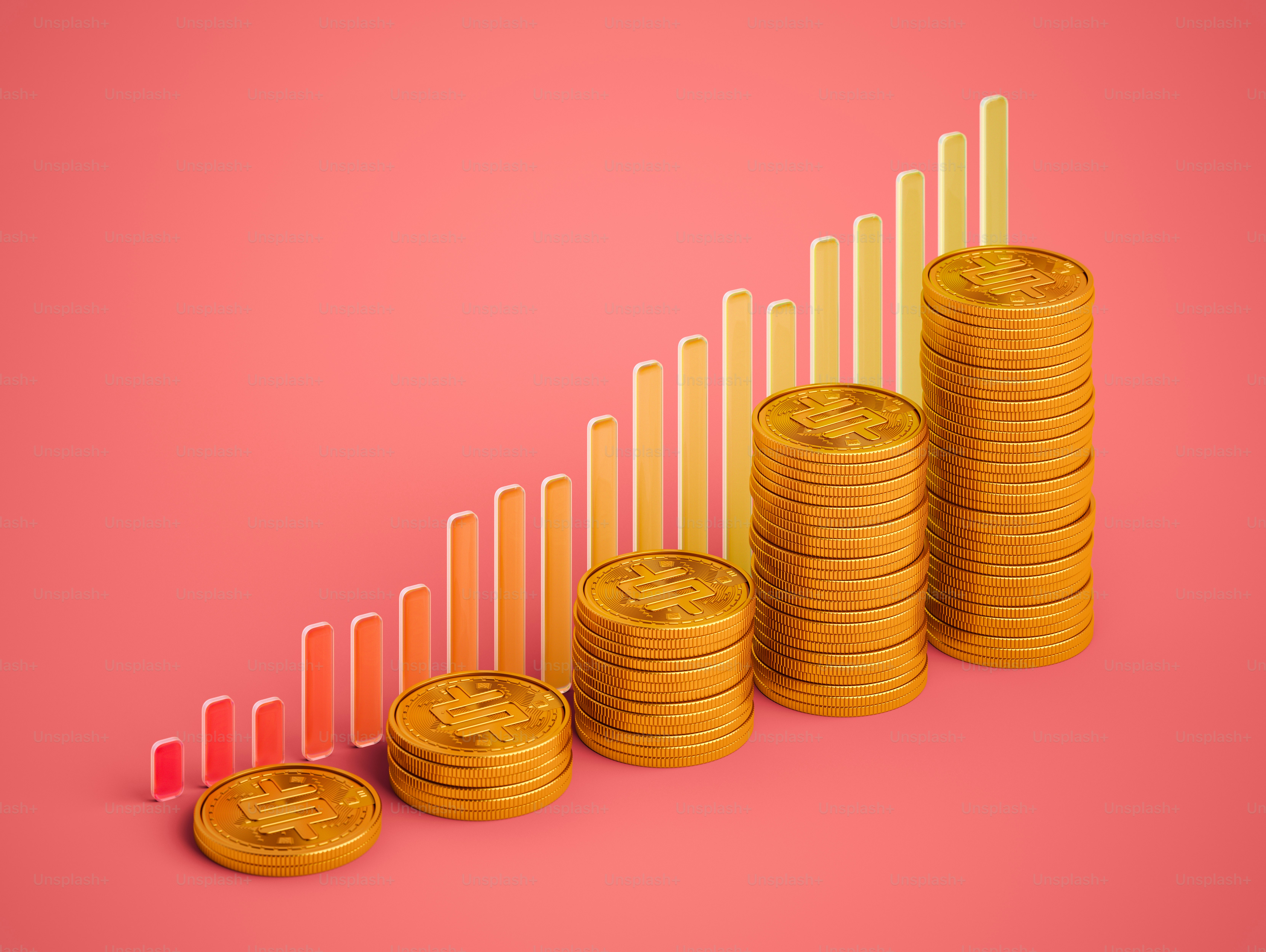Rising stacks of golden dollar coins and charts in the background.