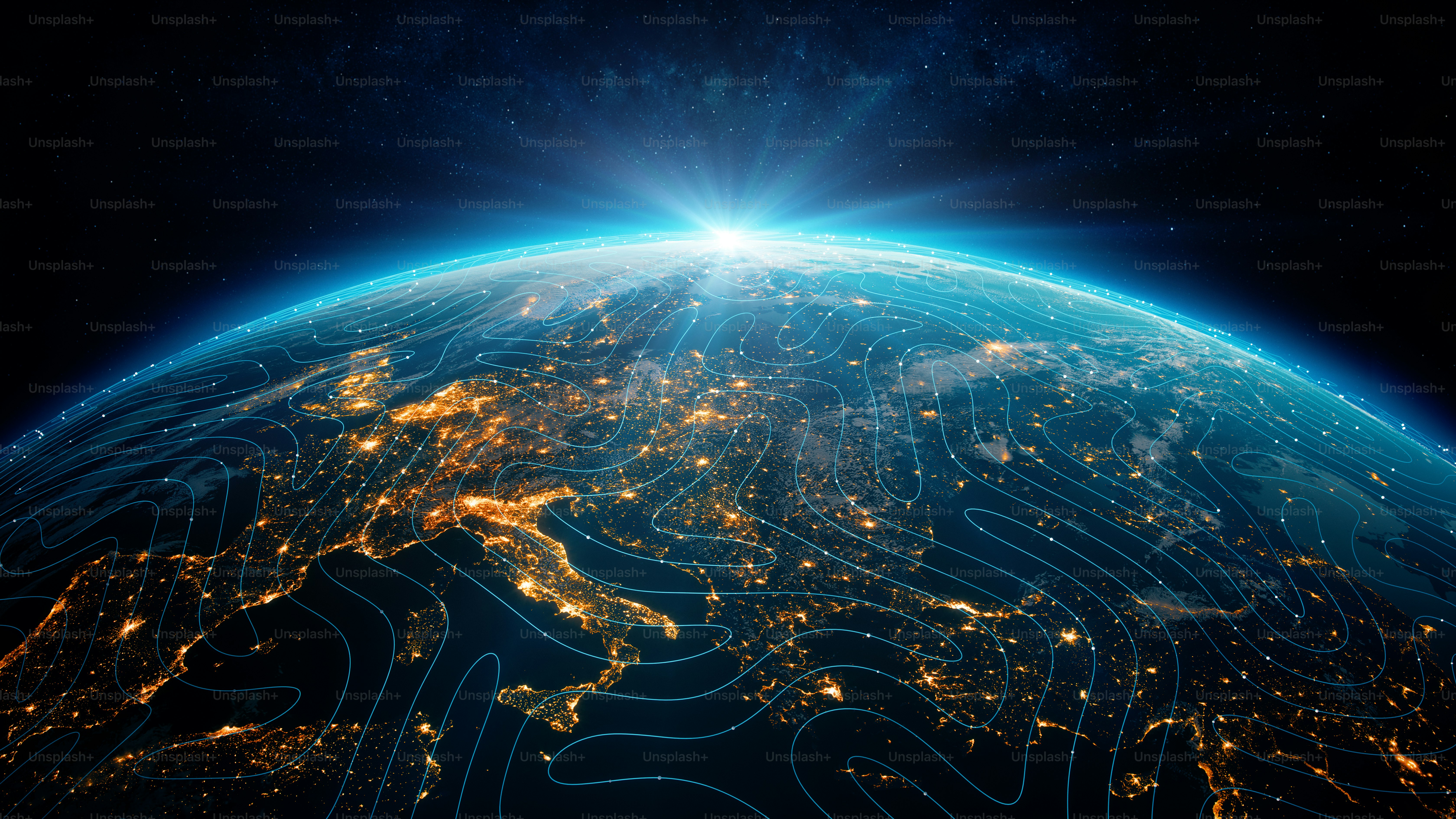 Globe viewing from space at night with abstract artificial intelligence  lines.(World Map Courtesy of NASA: https://visibleearth.nasa.gov/view.php?id\u003d55167)  photo – Business Image on Unsplash, image size:3000x1688