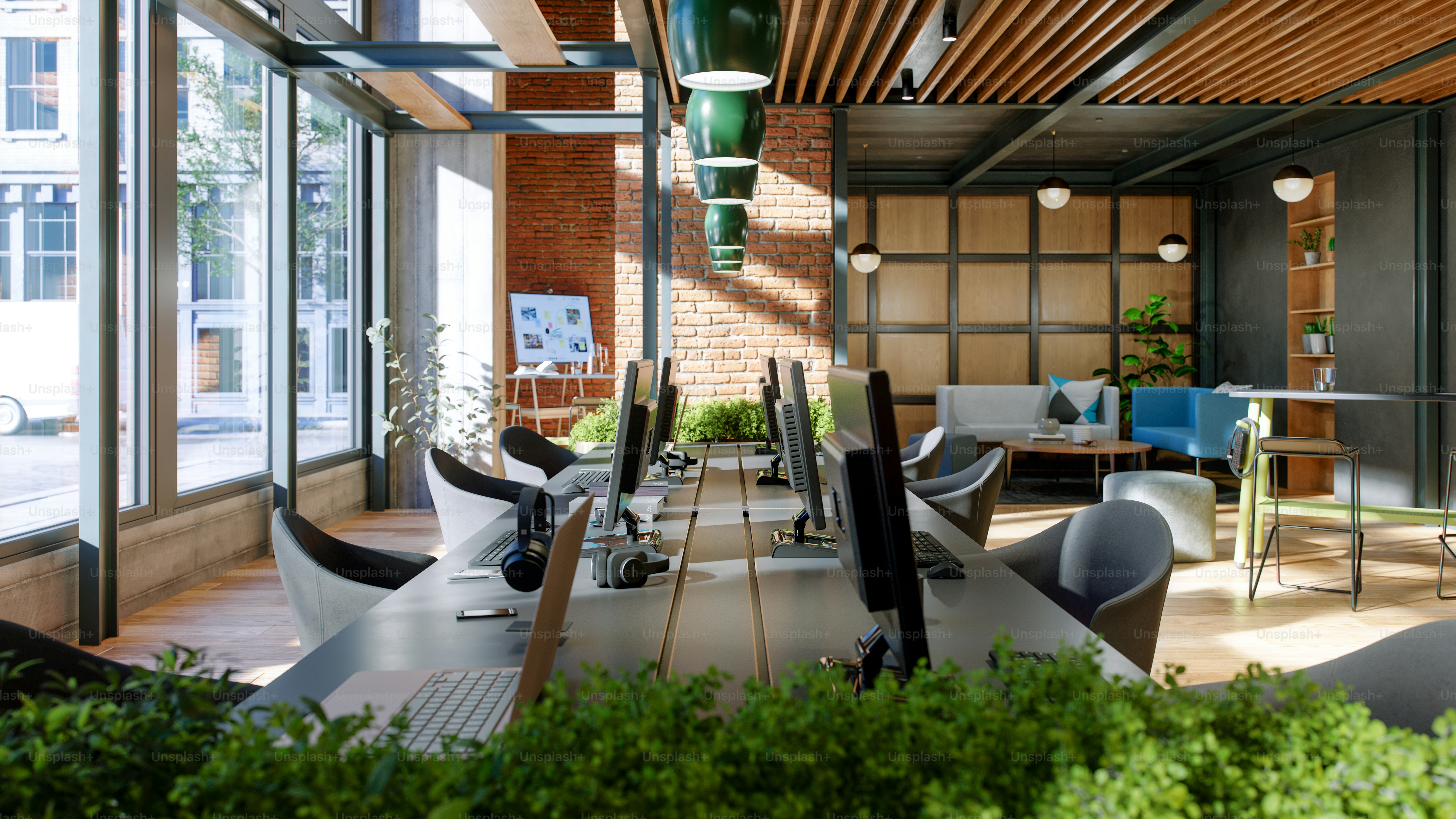 Espace de bureau de coworking durable, vert.