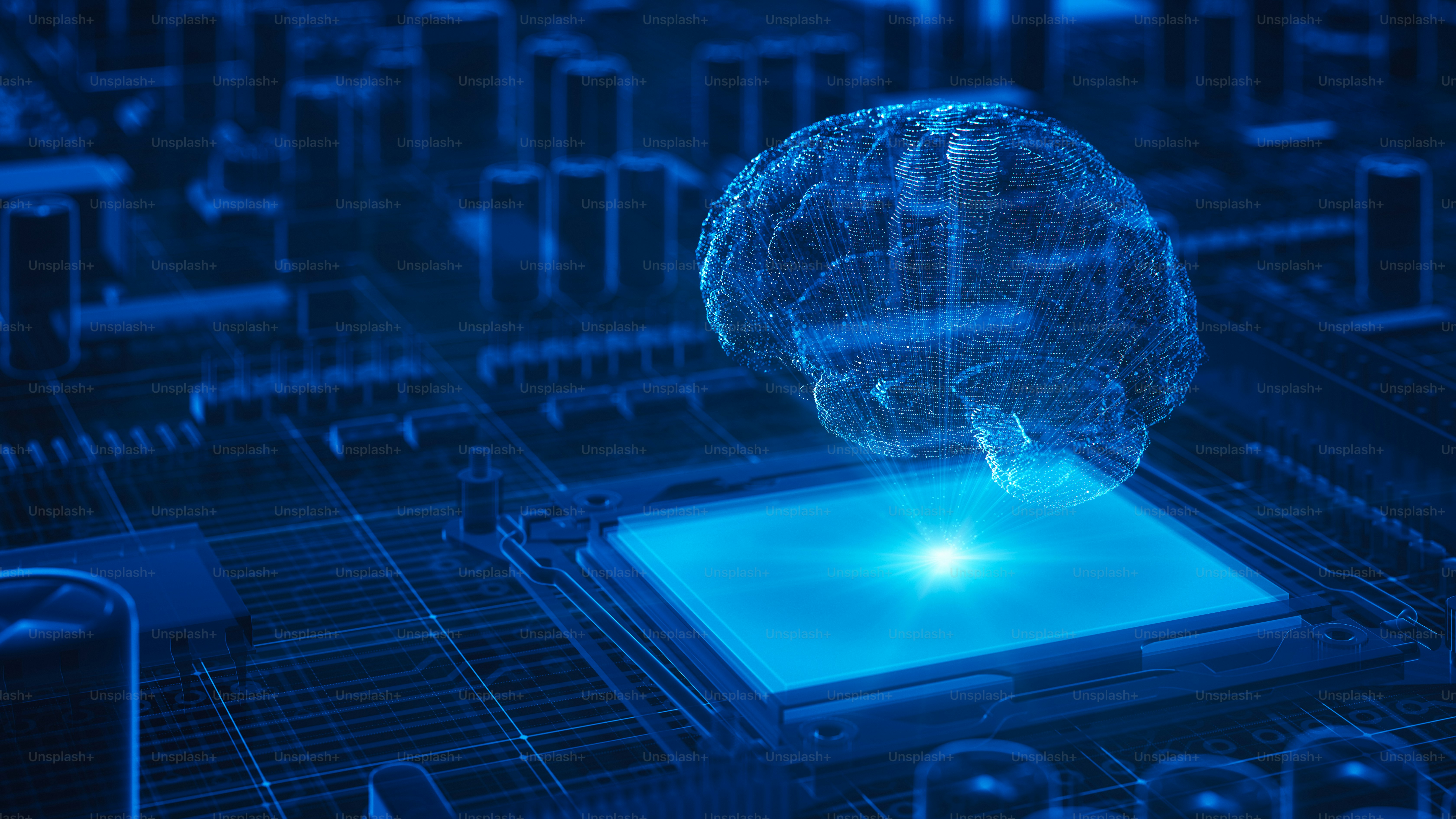 Futuristische Computerchips und Gehirne in Hologrammform.