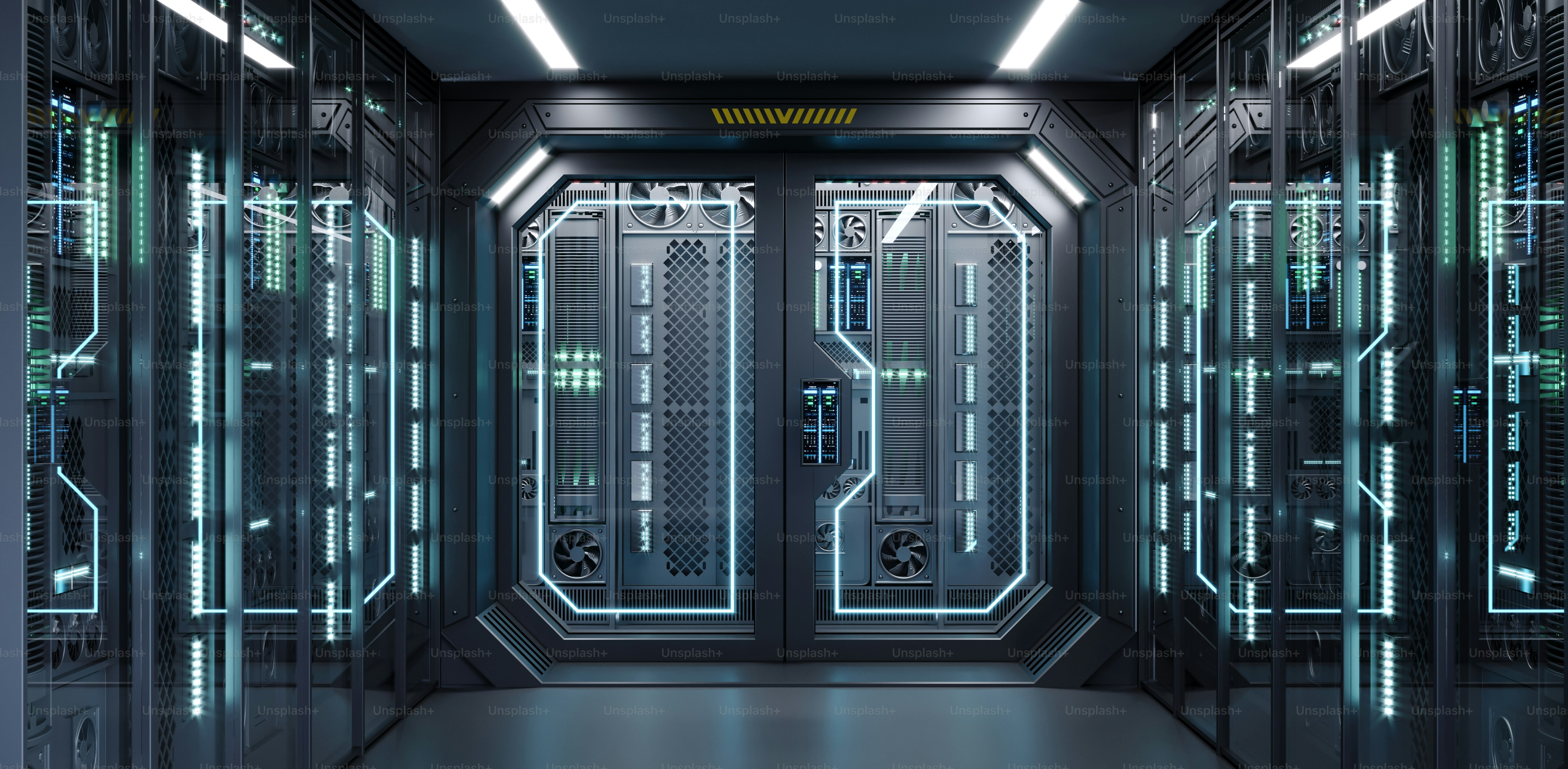 Ilustrasi 3d. Konsep interior pusat data atau server