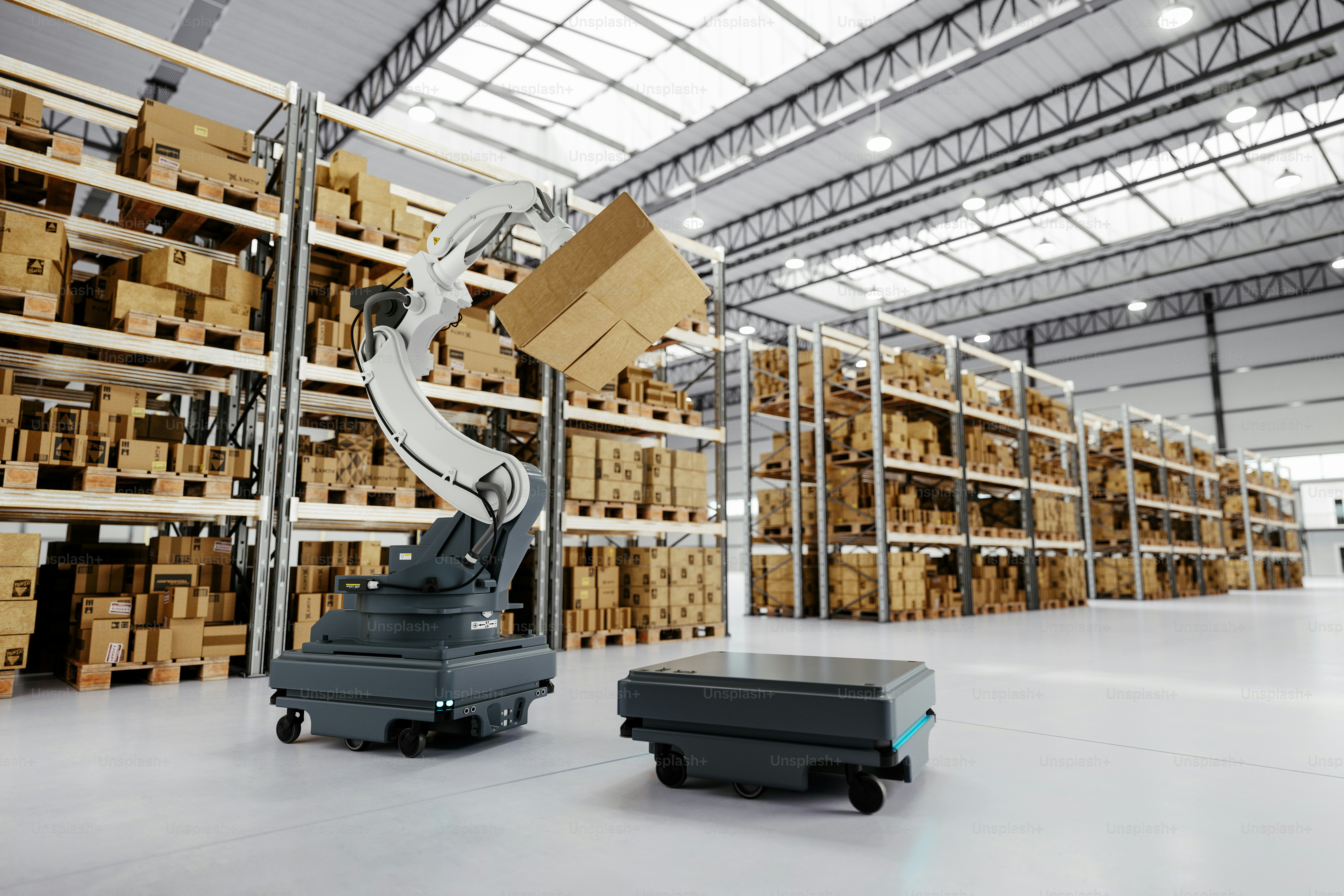 Automatisation avec AGV et bras robotique dans un entrepôt de distribution intelligent
