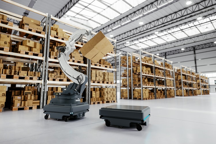 Entrepôt logistique moderne avec systèmes automatisés, convoyeurs et préparation de commandes robotisée
