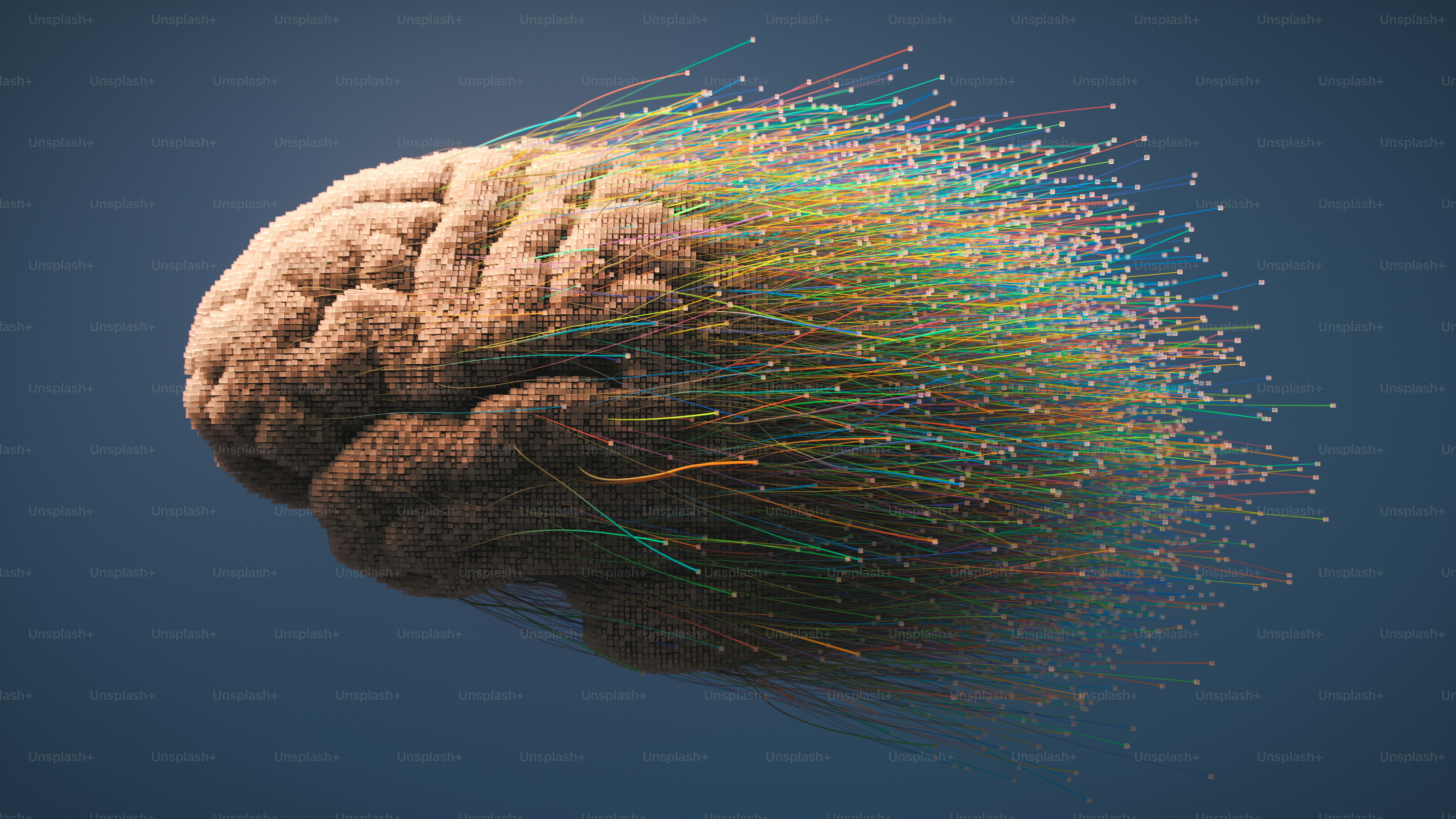 Abstract futuristic brain with colorful fibers representing complex ion routing paths