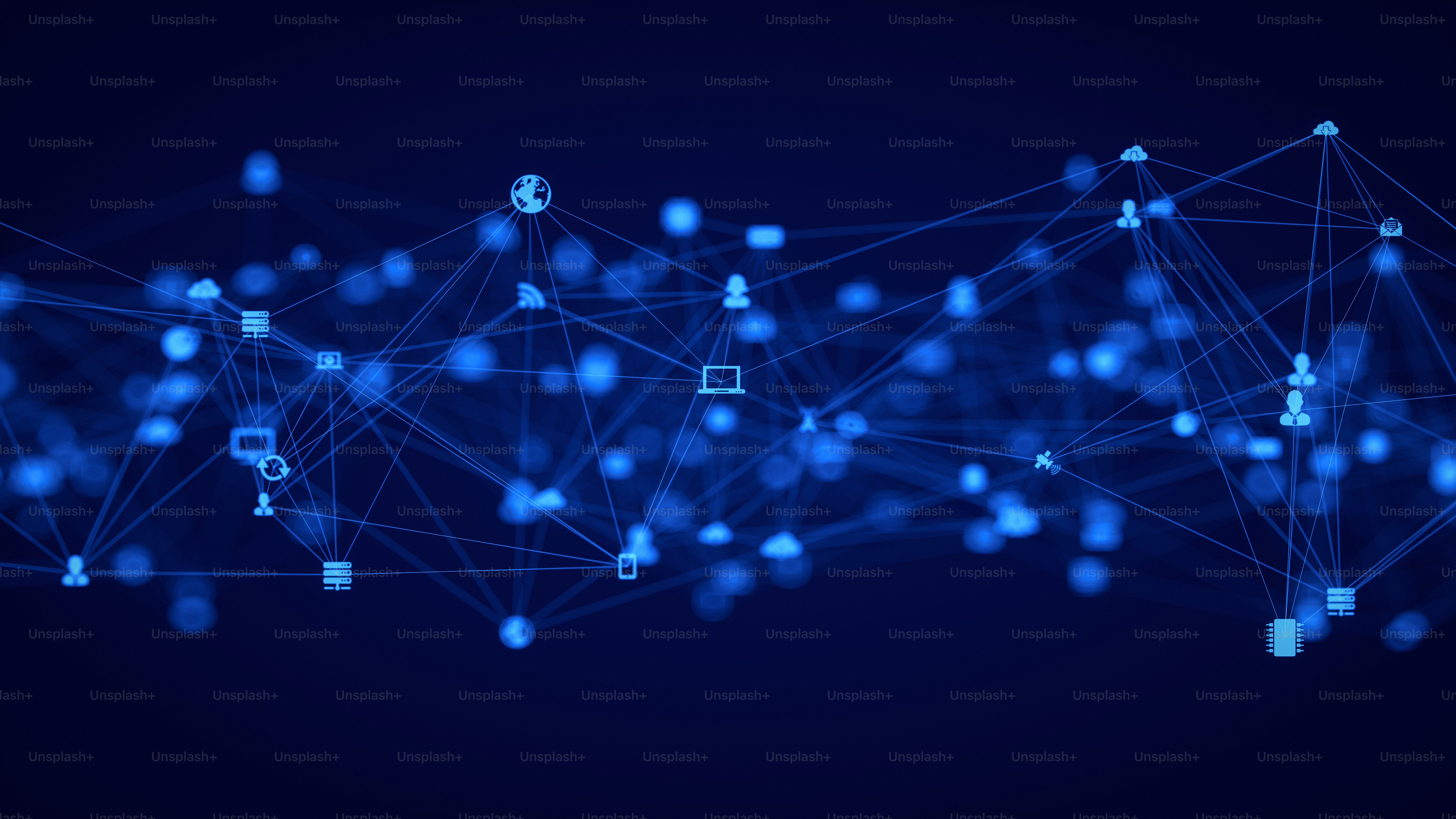 Abstract blue background with connected, technology-related icons.