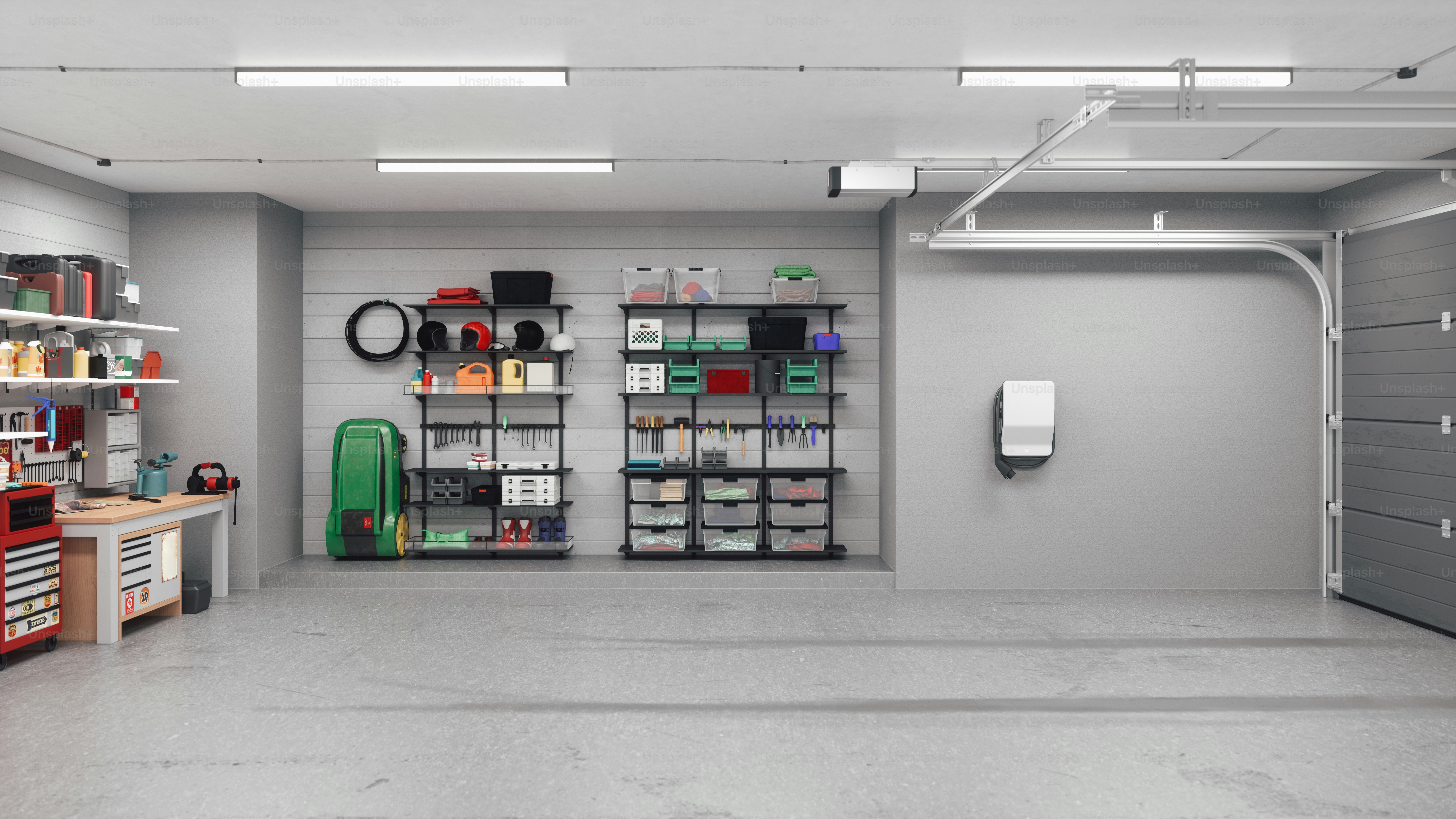 Intérieur d’un garage résidentiel moderne vide avec chargeur de véhicule électrique.