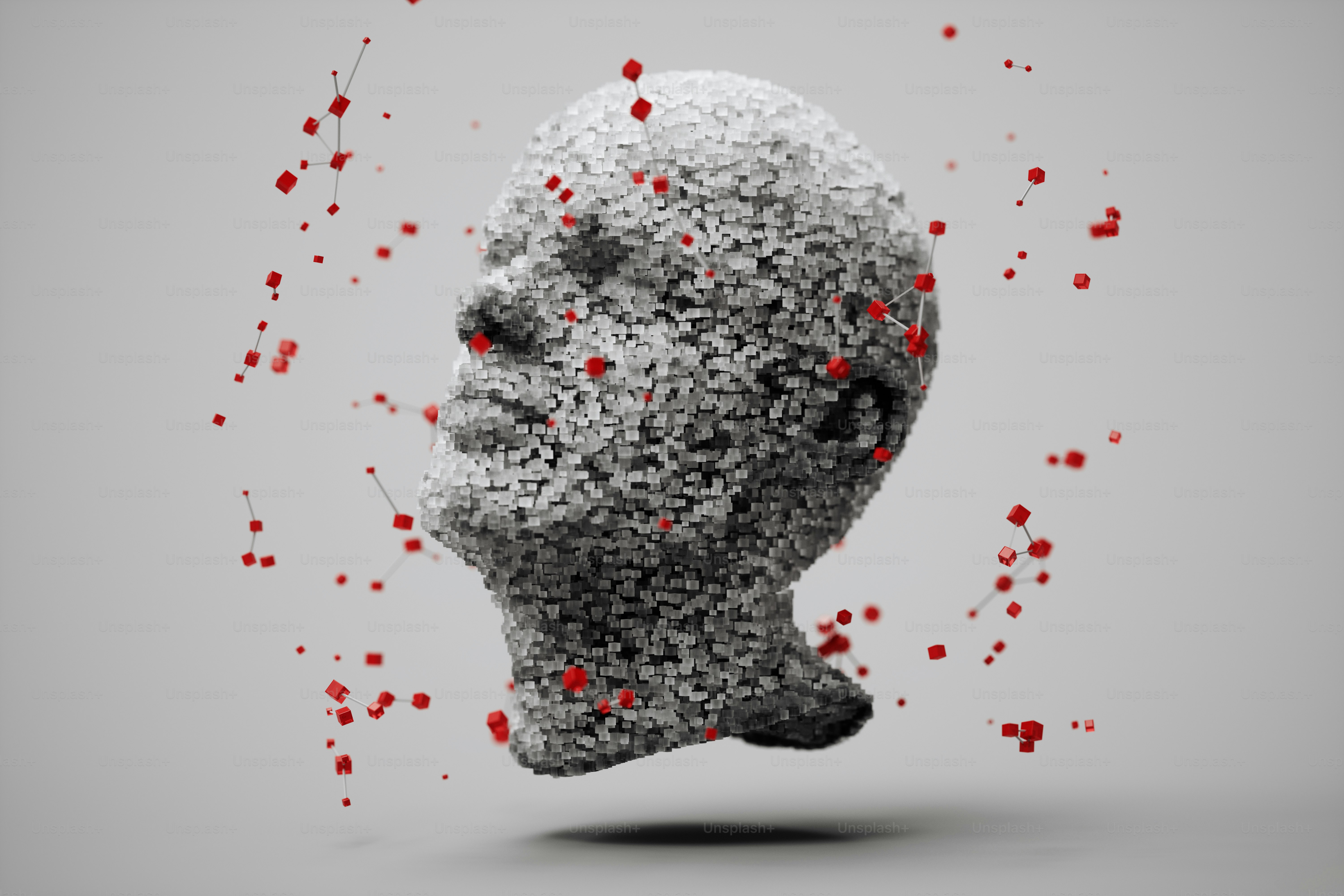 Human bust composed of white cubes, surrounded by floating red boxes with connections. Concept for the convergence of technology and human identity, symbolizing the digitalization of our lives and the complexity of personal expression in the modern era.