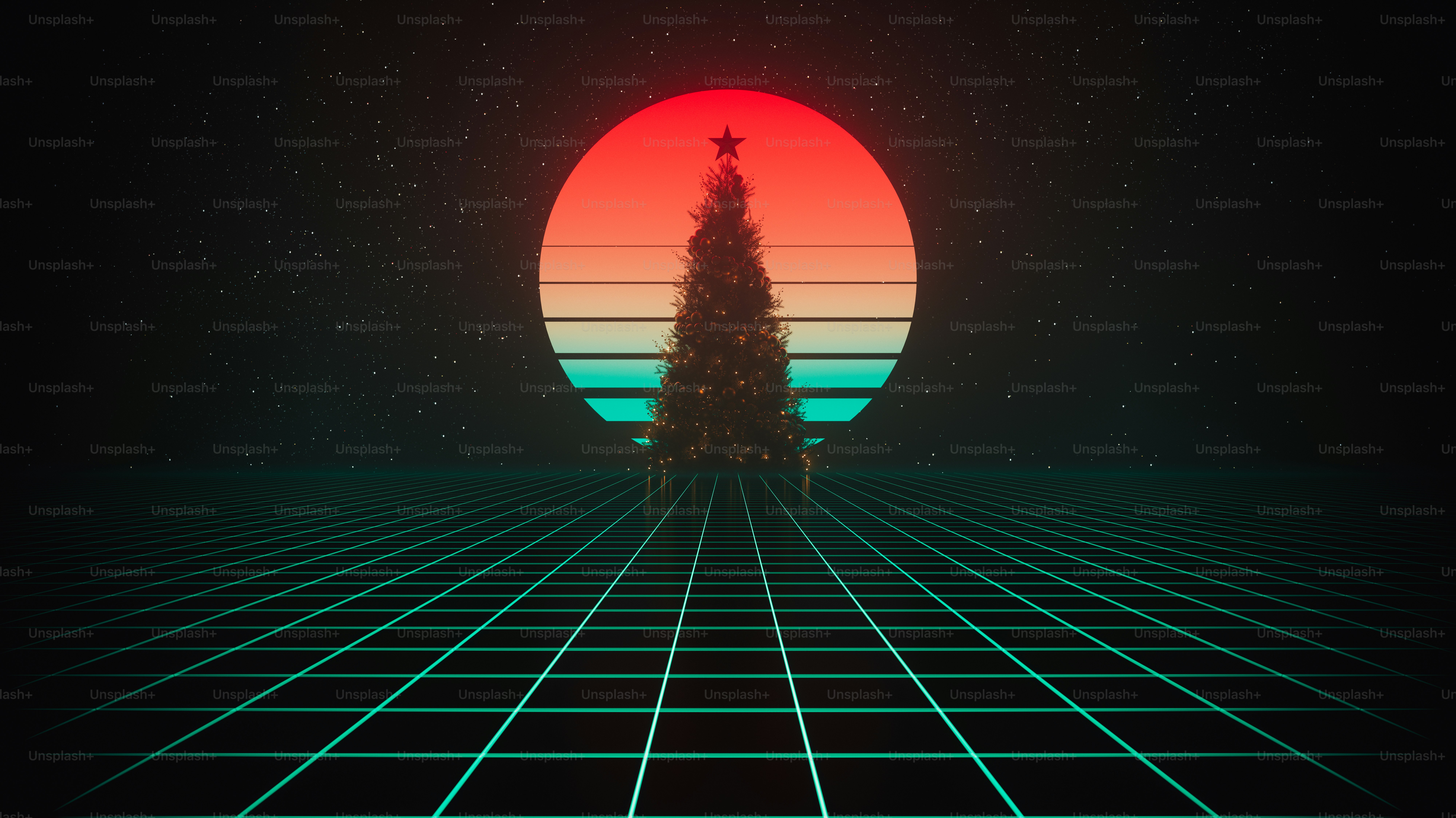 80's synthwave styled abstract background with green grid, neon sun and Christmas tree.