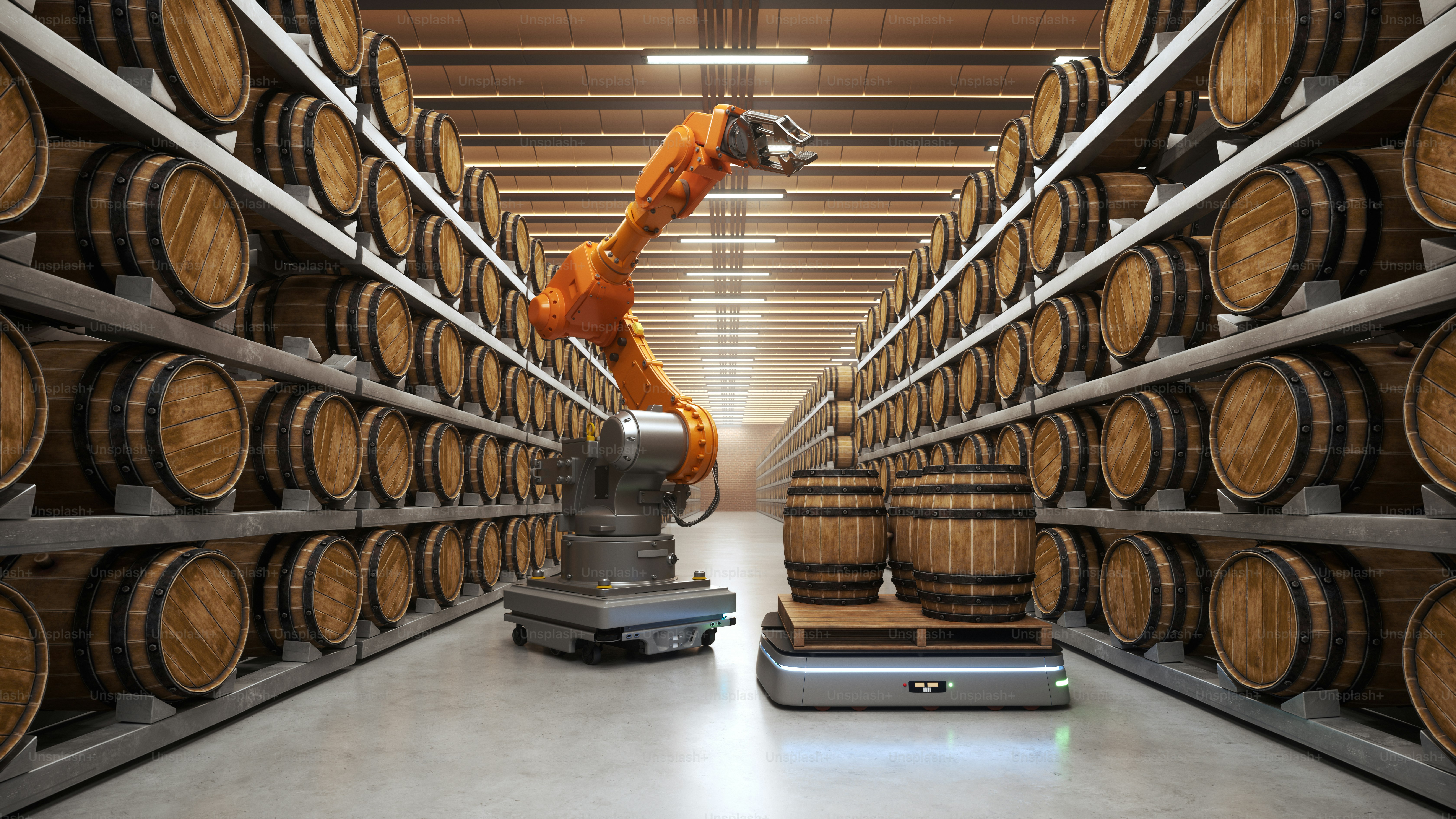 Automatisierung mit AGV (Automated Guided Vehicles) und einem Roboterarm in einem modernen Weinkeller.