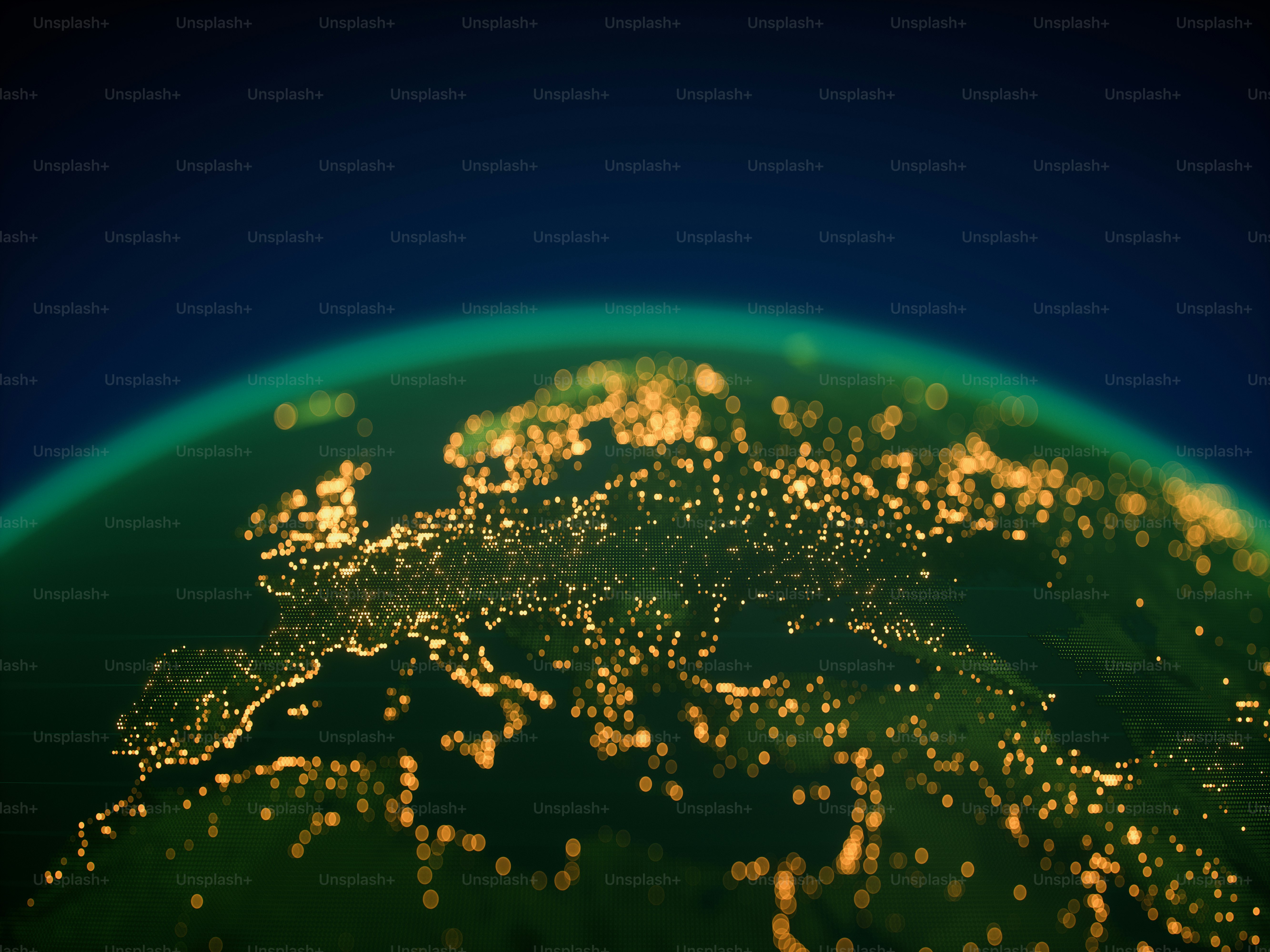 A nighttime view of Europe from space in festive tones.(World Map Courtesy  of NASA: https://visibleearth.nasa.gov/view.php?id\u003d55167) photo – Abstract  Image on Unsplash, image size:3000x2250