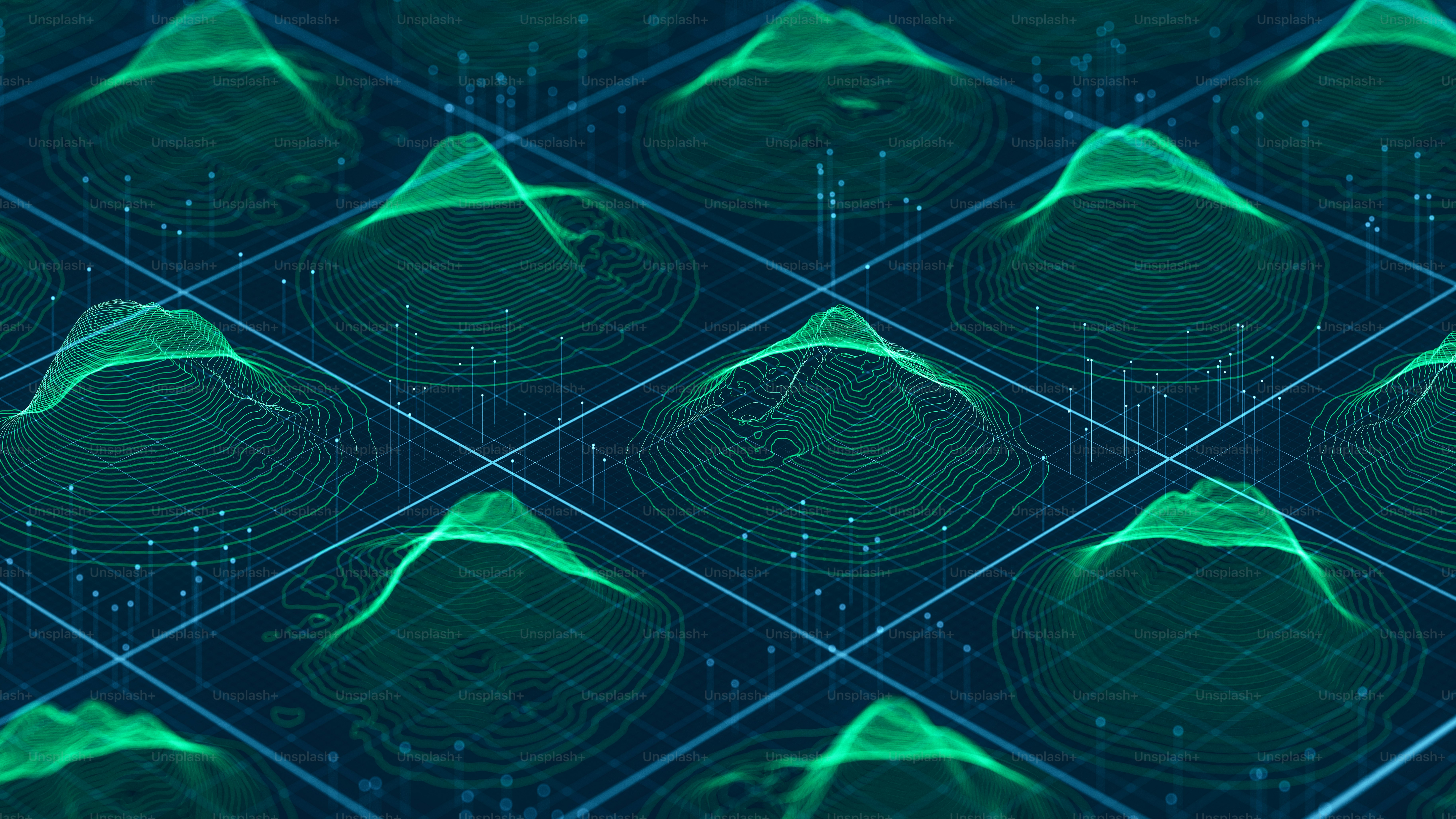 Hologramas das seções transversais das montanhas digitais.