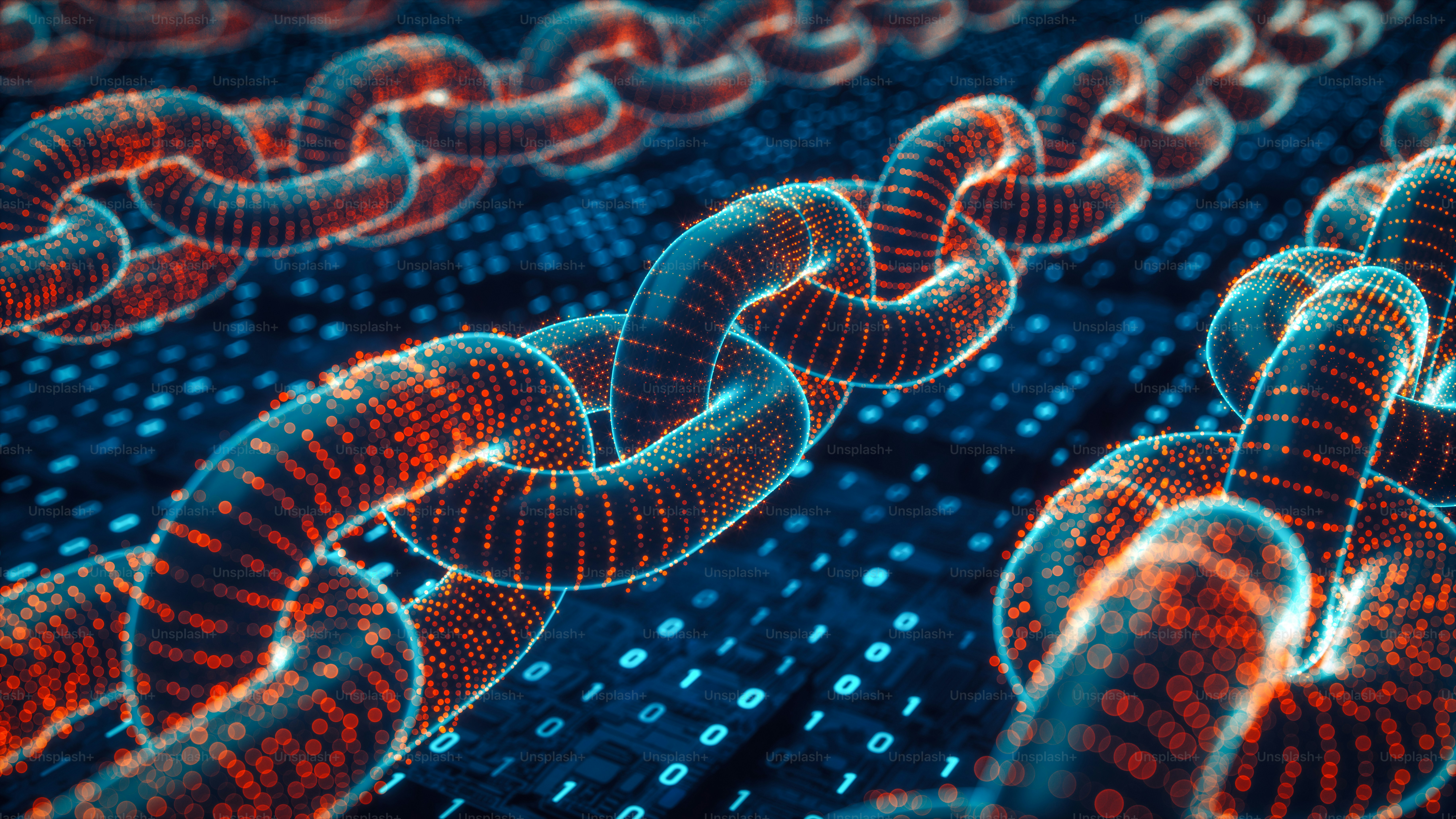 3D conceptual image illustrating blockchain technology and cybersecurity, symbolized by interconnected chains over on a digital circuit board and binary codes.