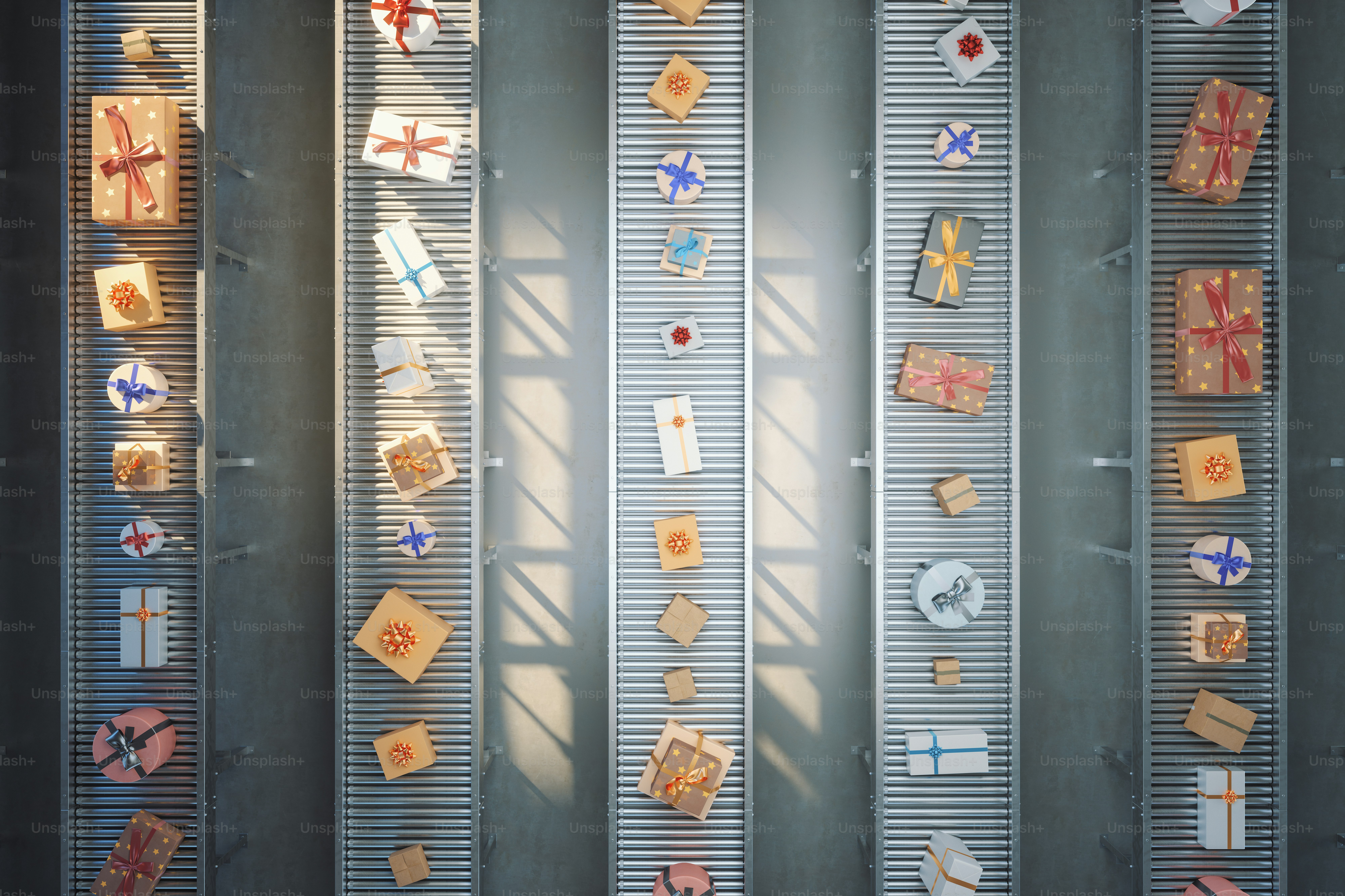 Gift boxes on conveyor belt in a warehouse.
