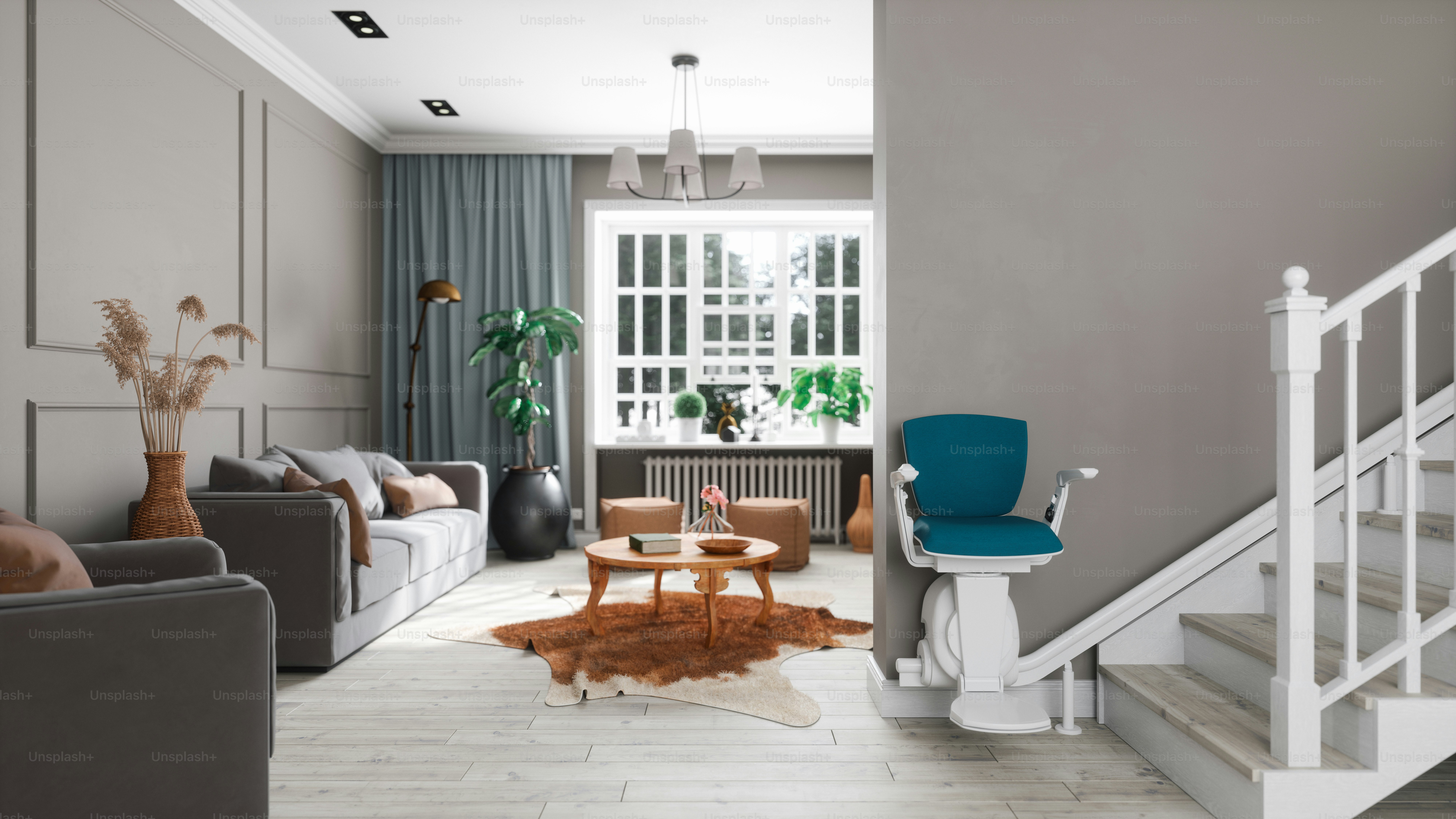 Automatic stair lift on staircase in a modern luxury home.