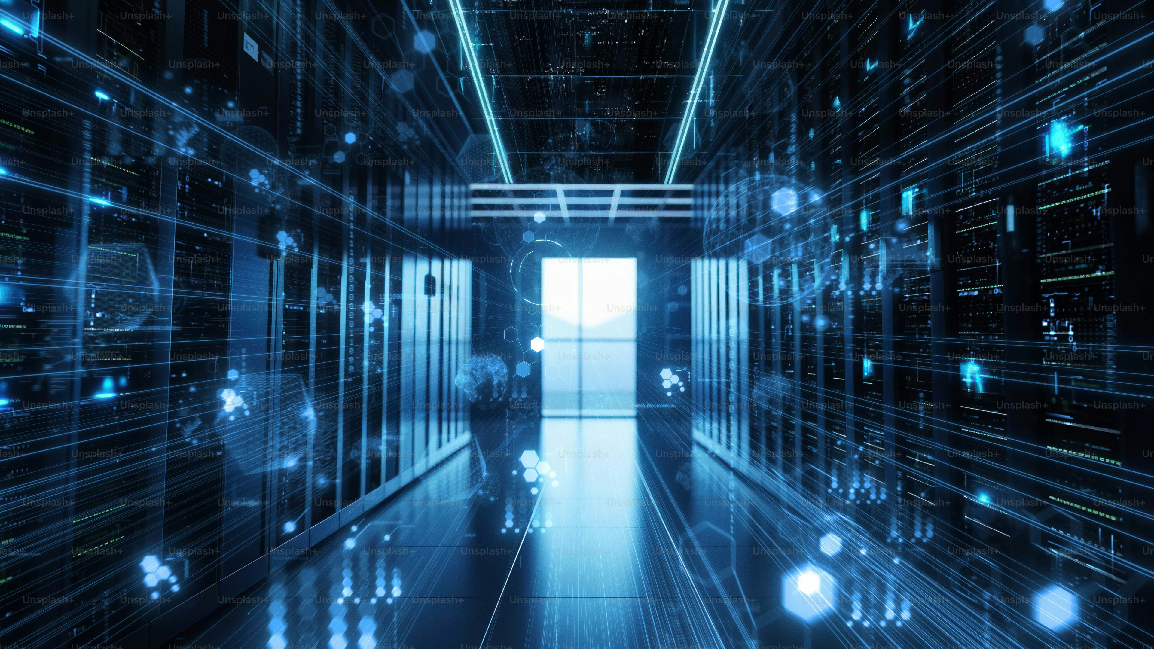 Data Center. Animated Digitalization of Information, Stream Moving Through Servers. Web, Net, Threads of Interconnected Bits of Data Moving