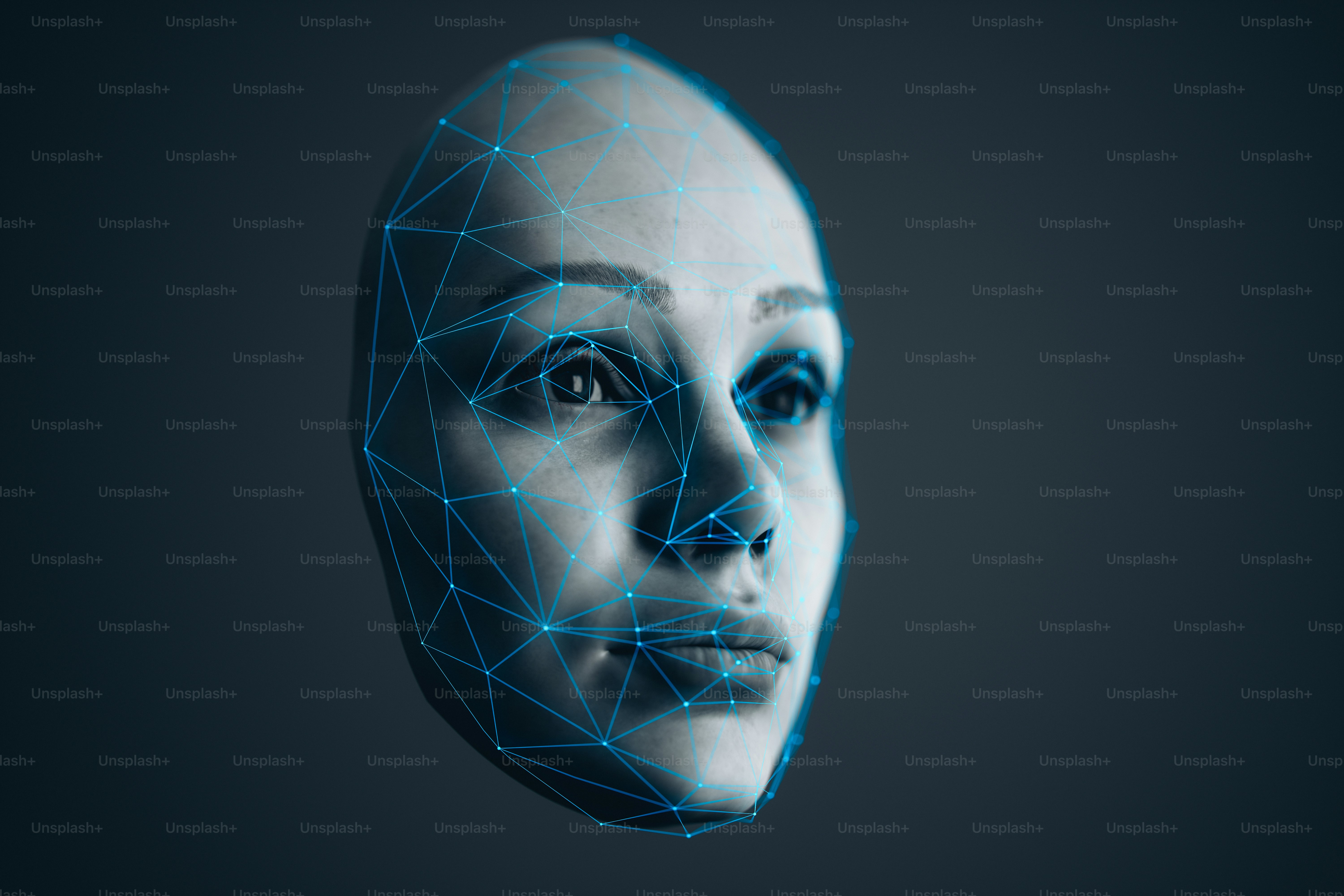 3D-rendered human face with a web of data points that capture and map ...