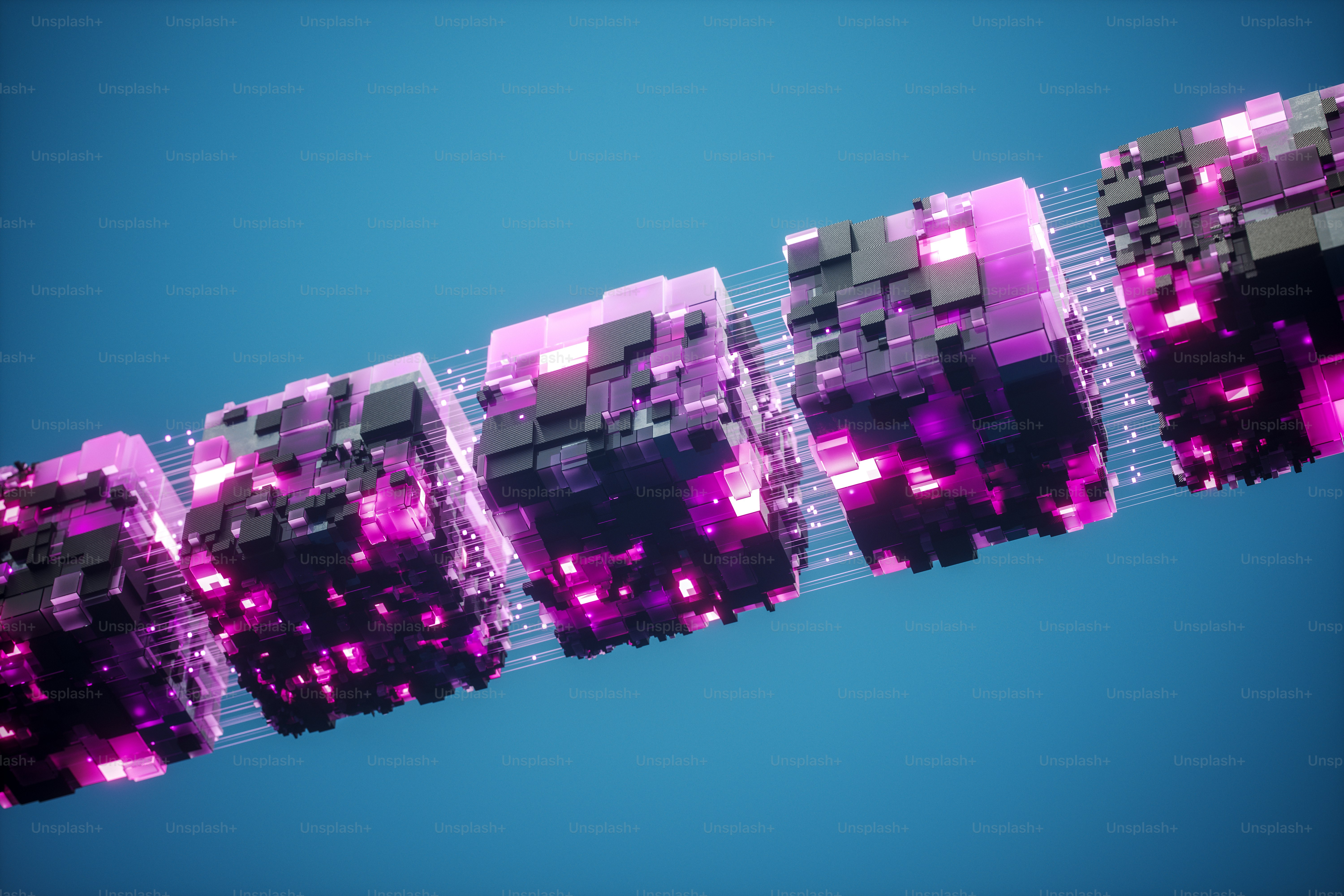 A sequence of illuminated cubic structures representing the continuous flow and linkage of digital information in a virtual environment.