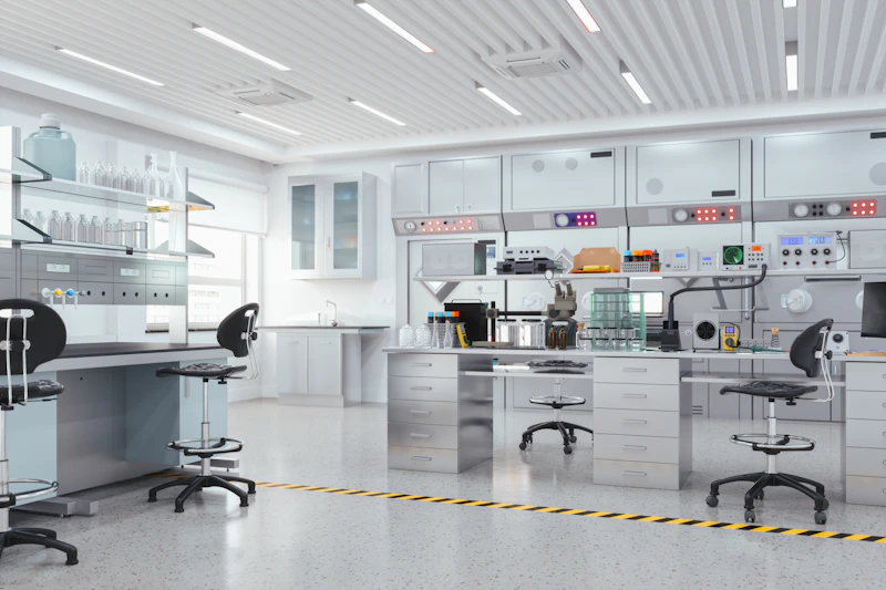 A newly fitted laboratory with clean benches and service outlets