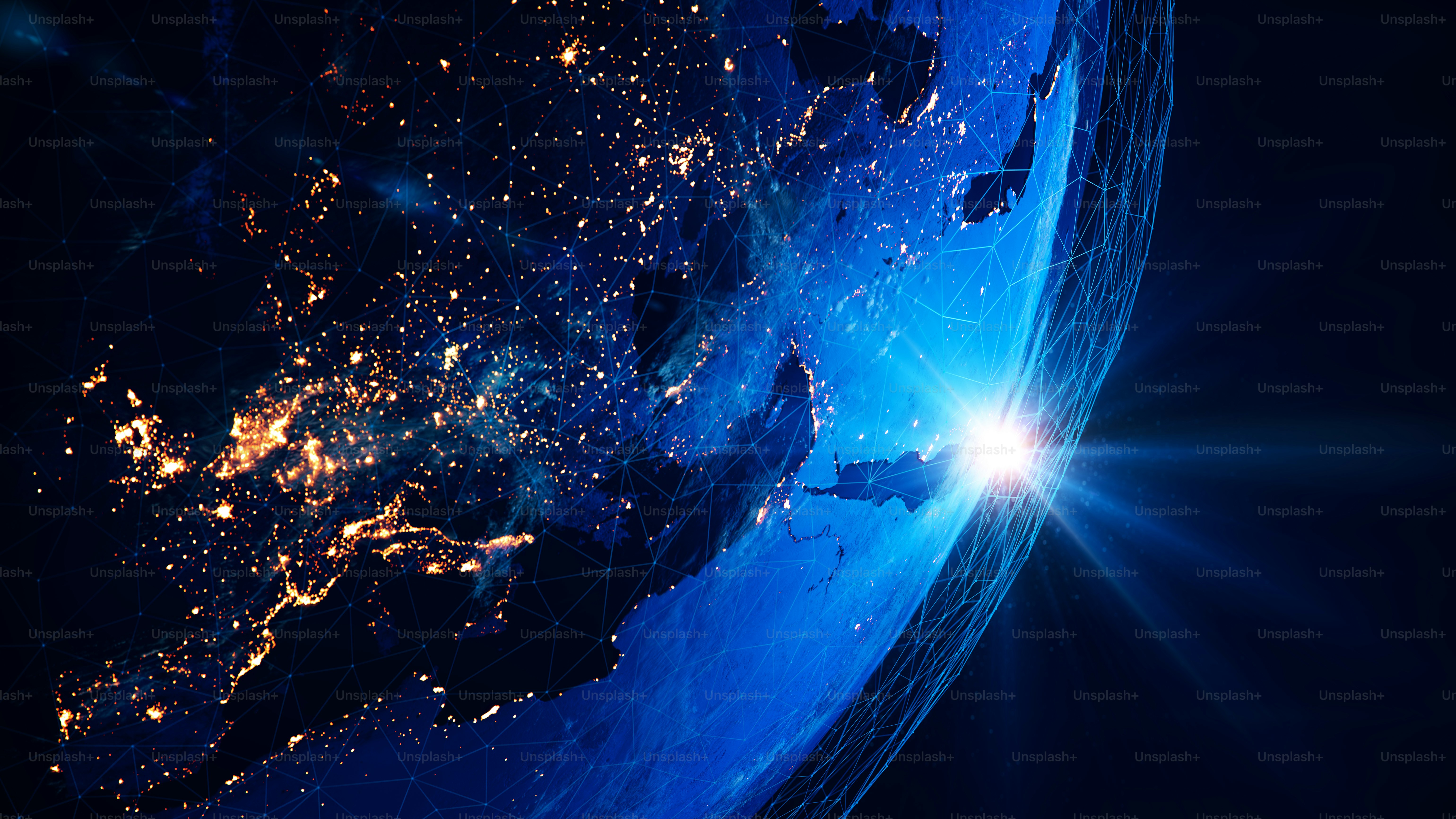 Earth view from space at night with lights and connections from  cities.(World Map Courtesy of NASA: https://visibleearth.nasa.gov/view.php?id\u003d55167)  photo – Abstract Image on Unsplash, image size:3000x1688
