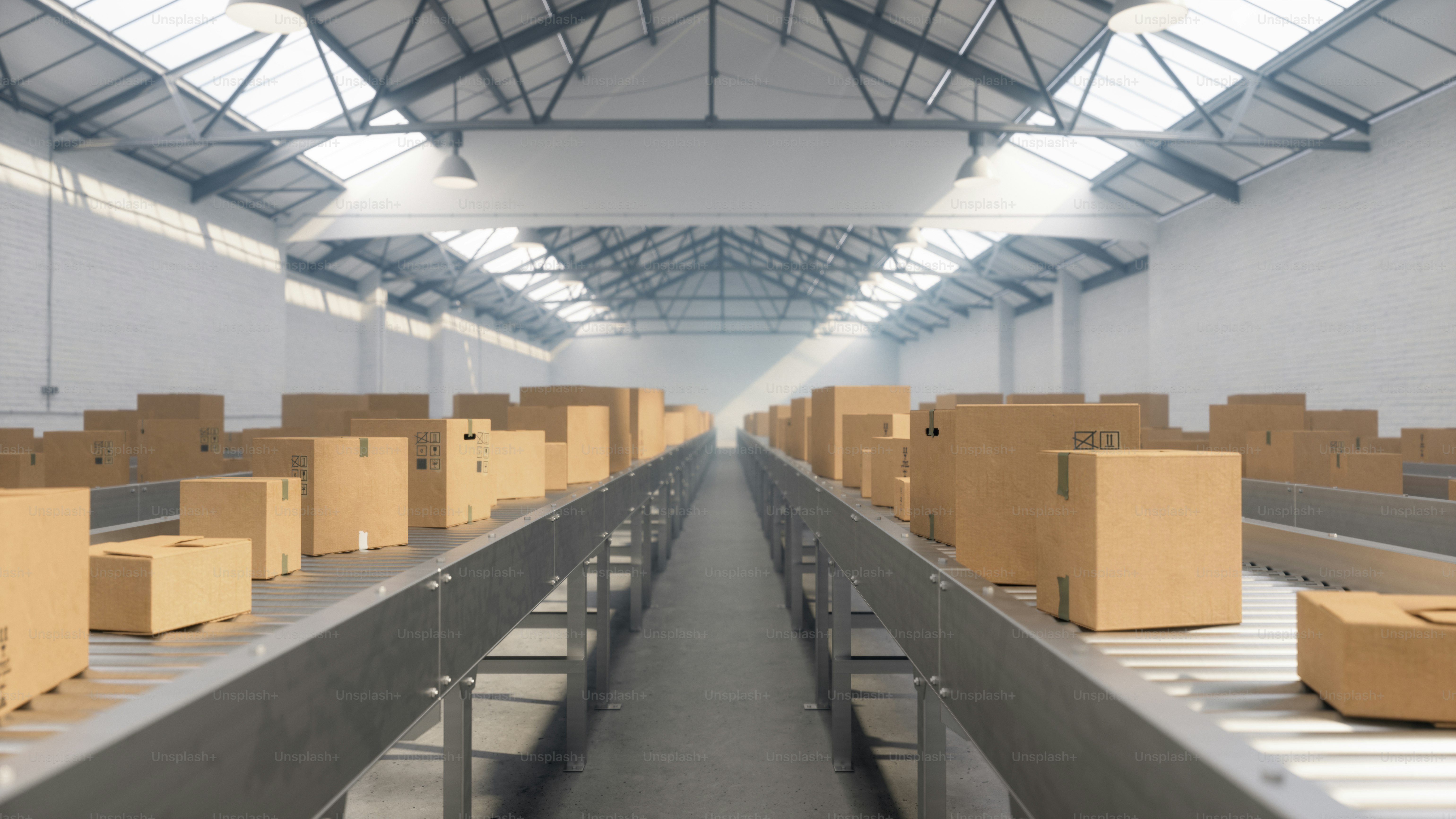 Cardboard boxes moving on conveyor belt in a distribution warehouse.