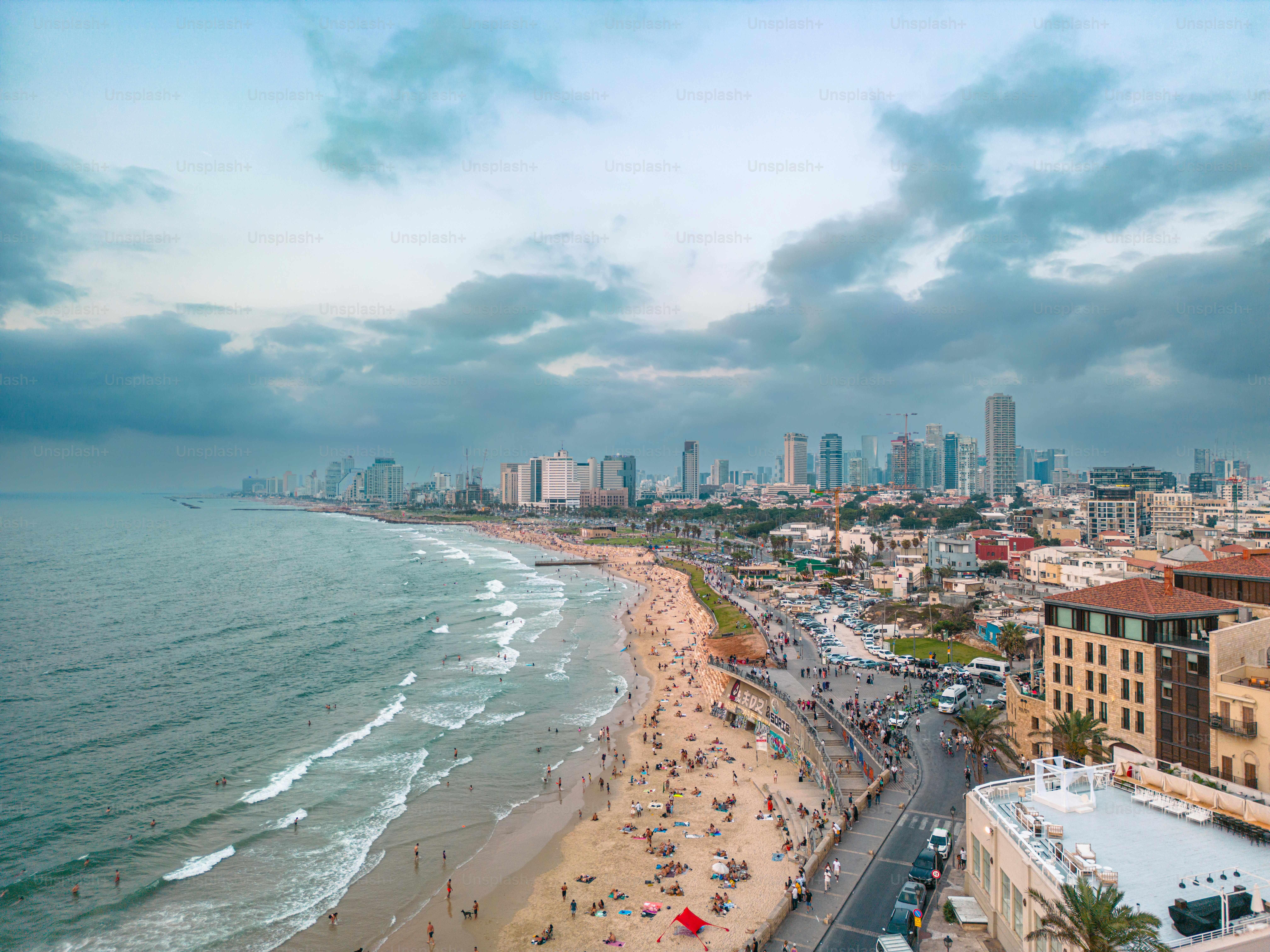 Aerial panoramic photo of the waterfront of Tel Aviv - Yafo  at afternoon and dusk in summer